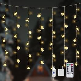 MOSZAR LLC - 8 Modes Christmas Curtain Lights, Snowflake & Star, USB, Warm White