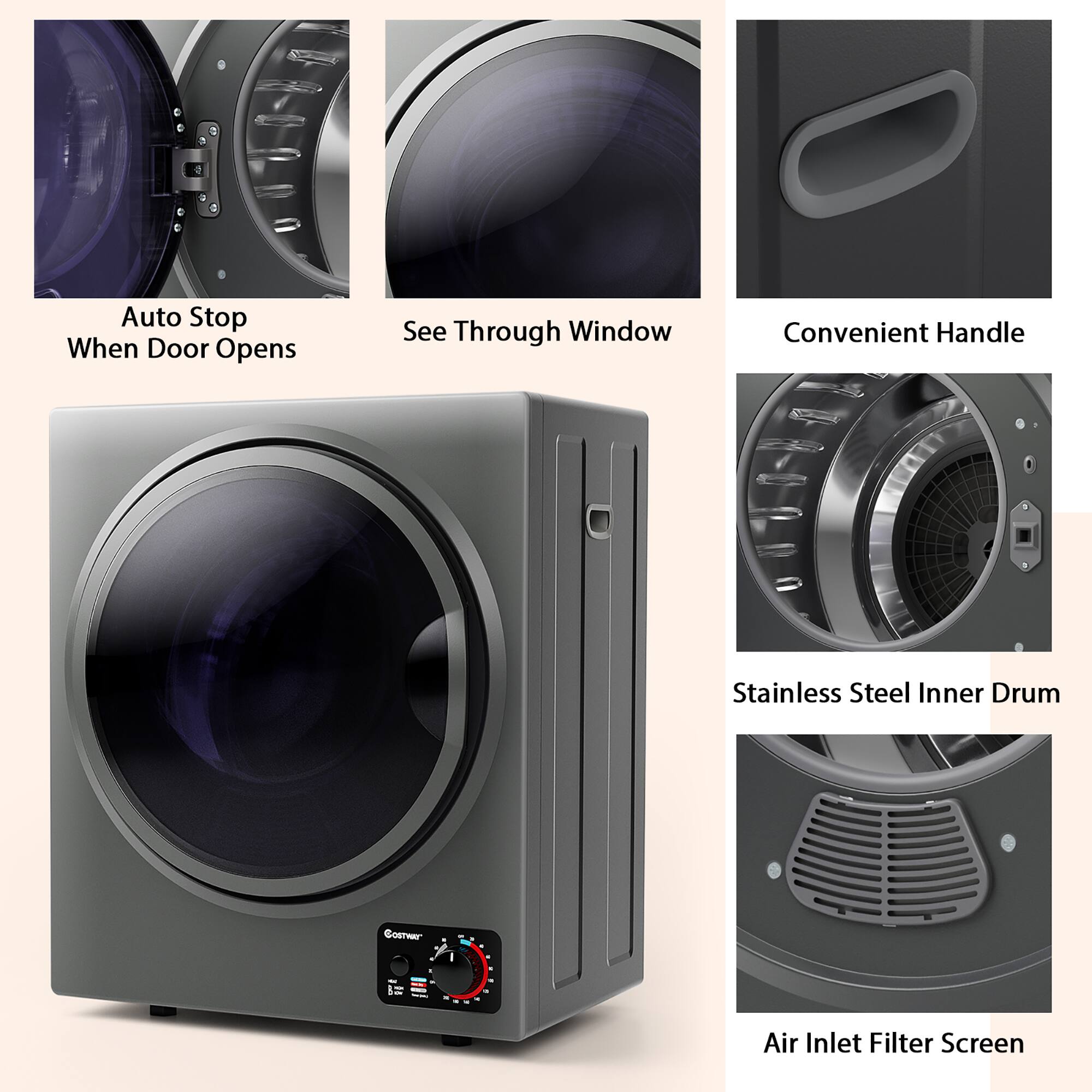 - Auto Stop When Door Opens
- See Through Window
- Convenient Handle
- Stainless Steel Inner Drum
- Air Inlet Filter Screen