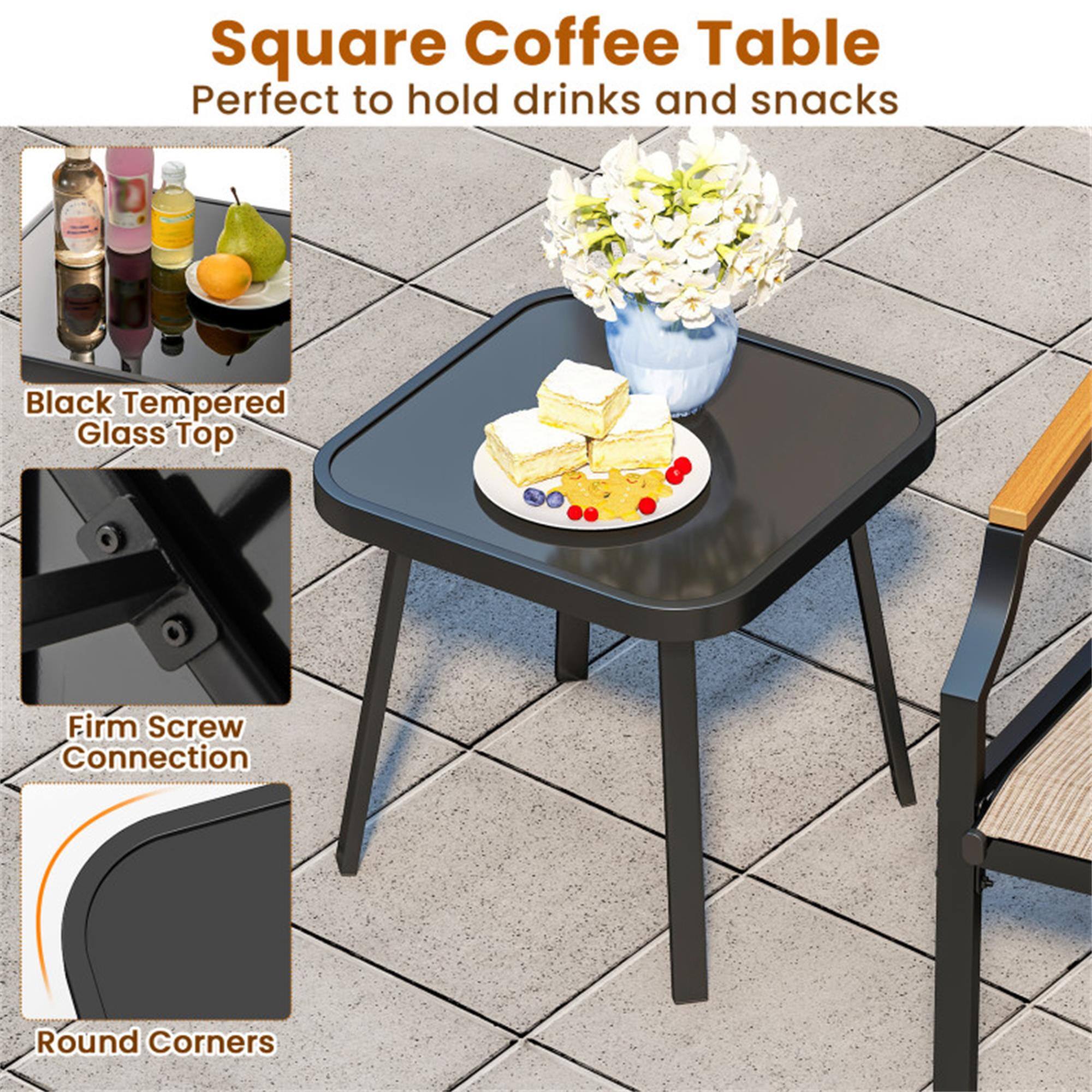 Square Coffee Table  
Perfect to hold drinks and snacks  

- Black Tempered Glass Top  
- Firm Screw Connection  
- Round Corners