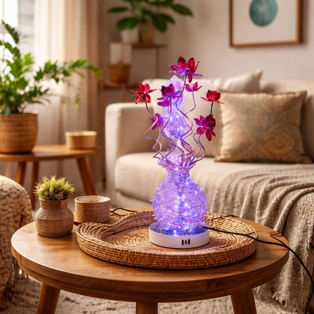 FC Design - 24"H Red Elegant Vase & Floral Stem Pink Changing Light Table Lamp