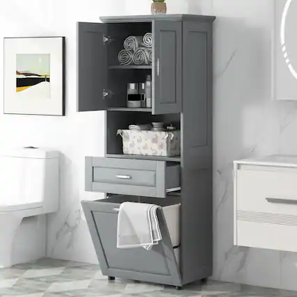 Front. ELEMENT ACE - Tall Bathroom Storage Cabinet with Laundry Basket and Adjustable Shelves for Organized Space - Grey.