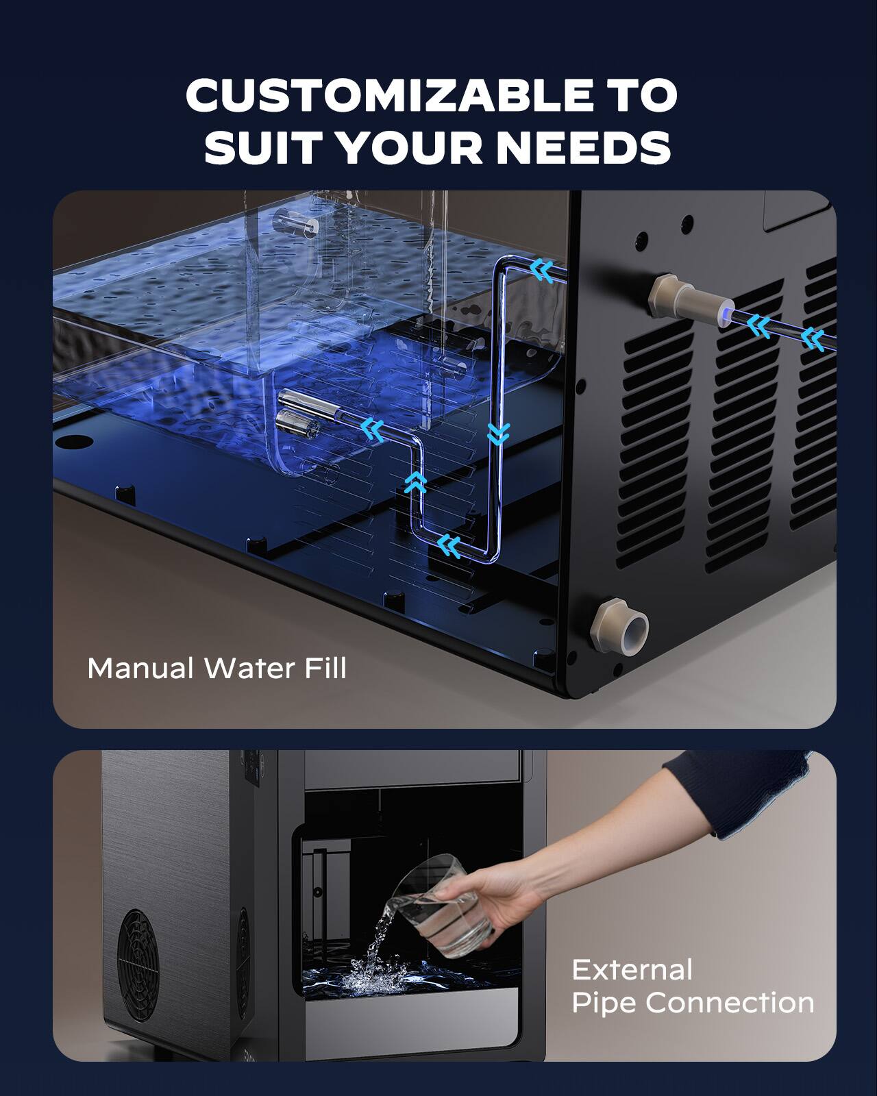 CUSTOMIZABLE TO SUIT YOUR NEEDS

Manual Water Fill

External Pipe Connection