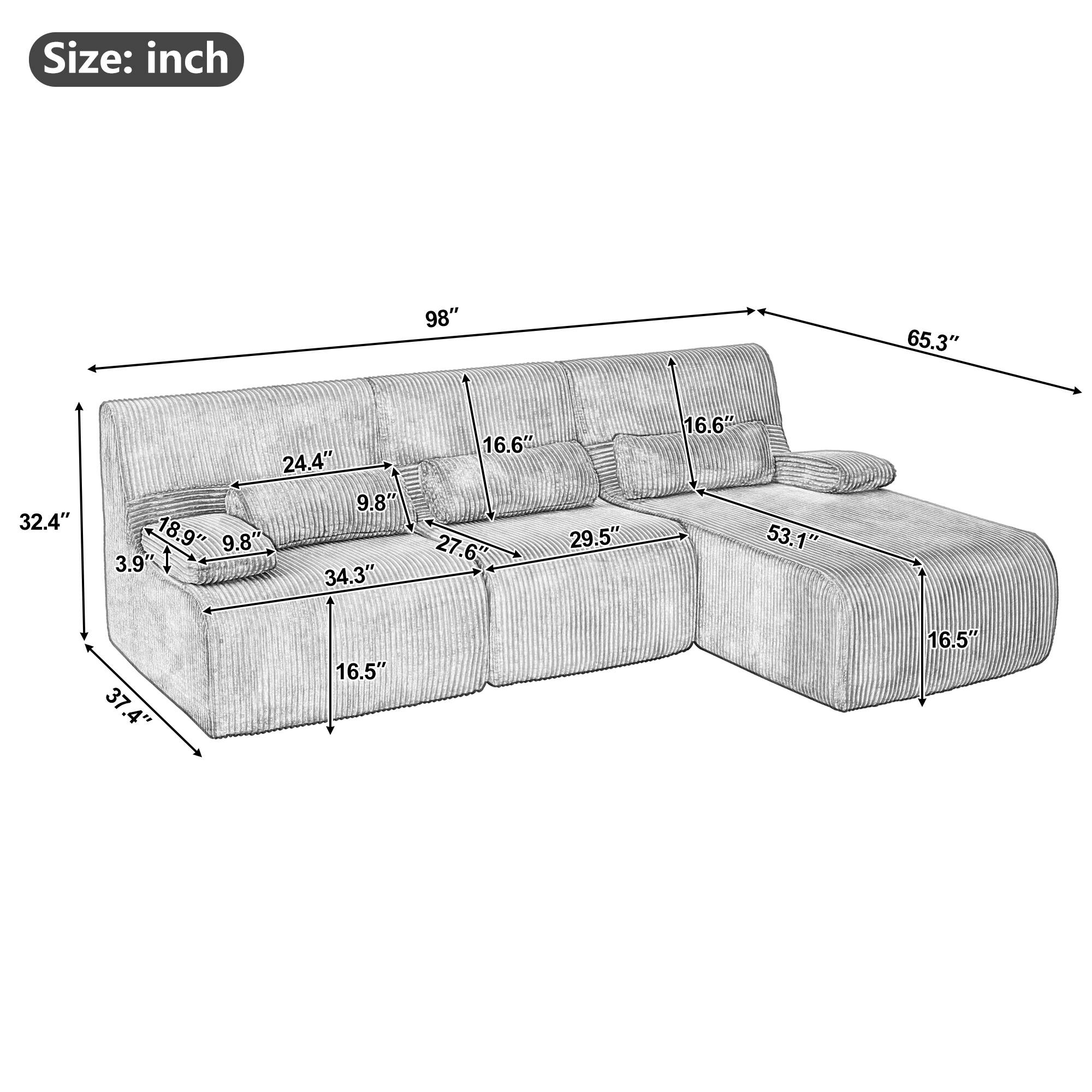 Size: inch  
98" 65.3" 32.4" 24.4" 9.8" 18.9" 9.8" 3.9" 34.3" 16.6" 27.6" 29.5" 16.6" 53.1" 37.4" 37" 16.5" 16.5"