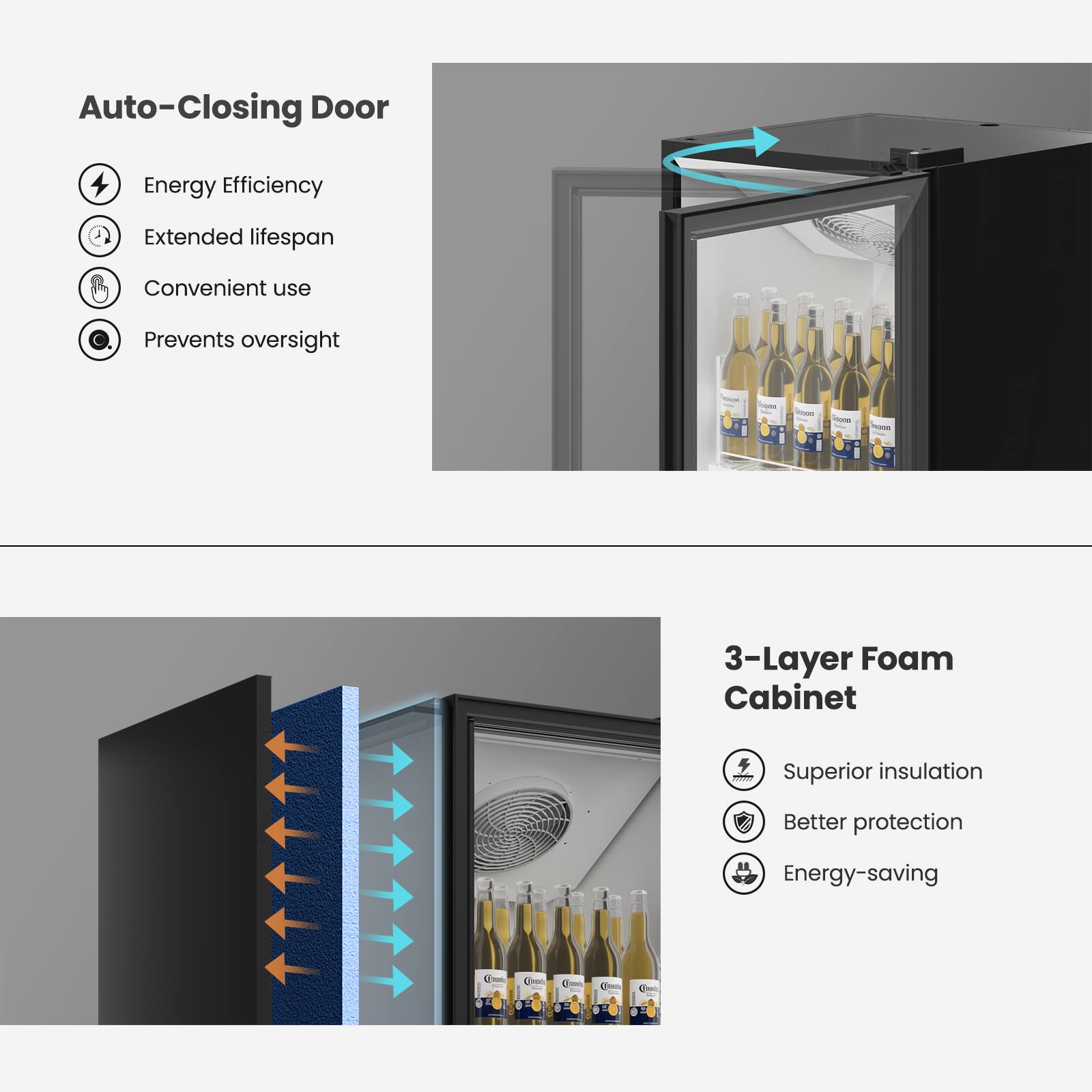 Auto-Closing Door  
- Energy Efficiency  
- Extended lifespan  
- Convenient use  
- Prevents oversight  

3-Layer Foam Cabinet  
- Superior insulation  
- Better protection  
- Energy-saving