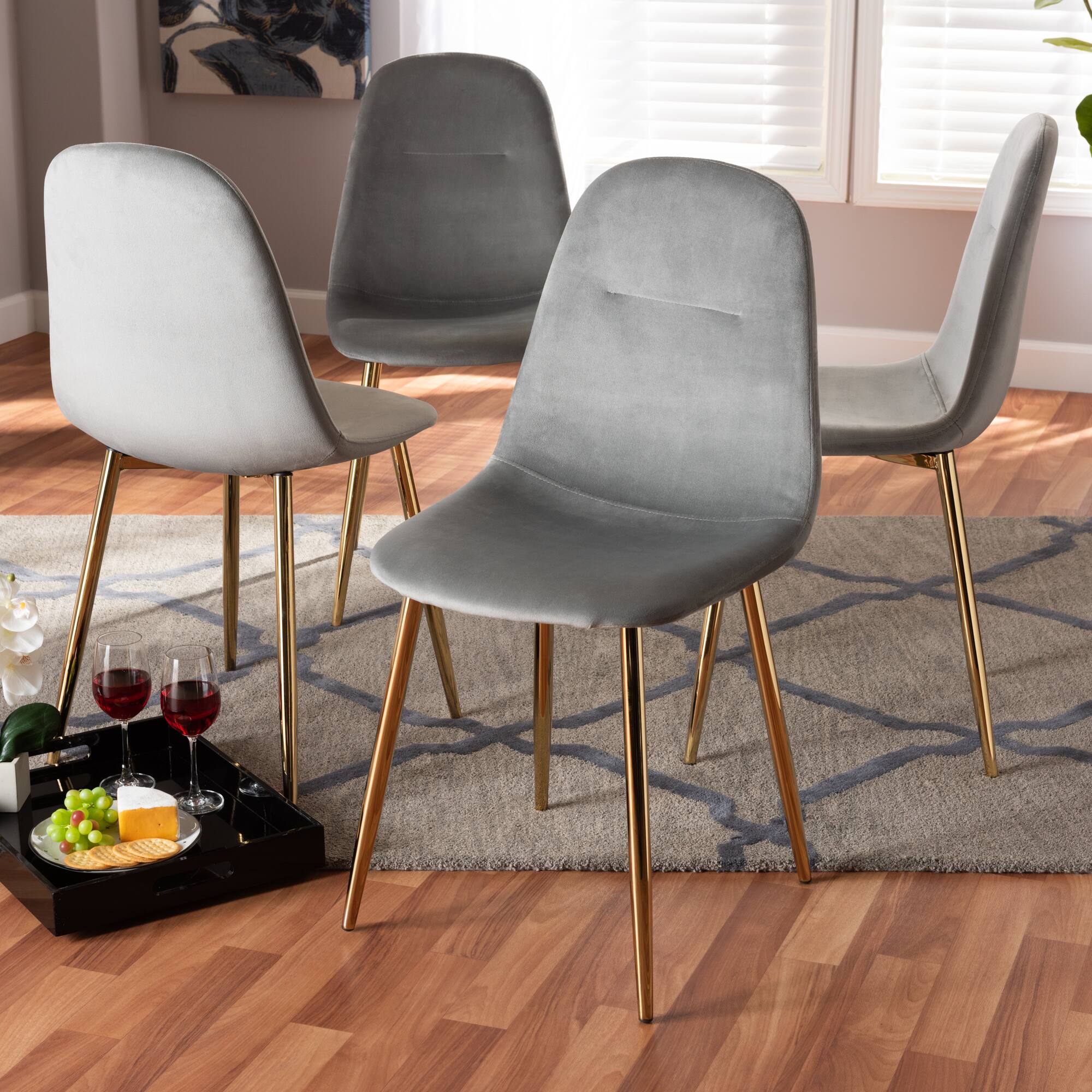 Alt View 1. Baxton Studio - Elyse Glam and Luxe Velvet Fabric Upholstered Gold Finished 4-Piece Metal Dining Chair Set - Grey/Gold.