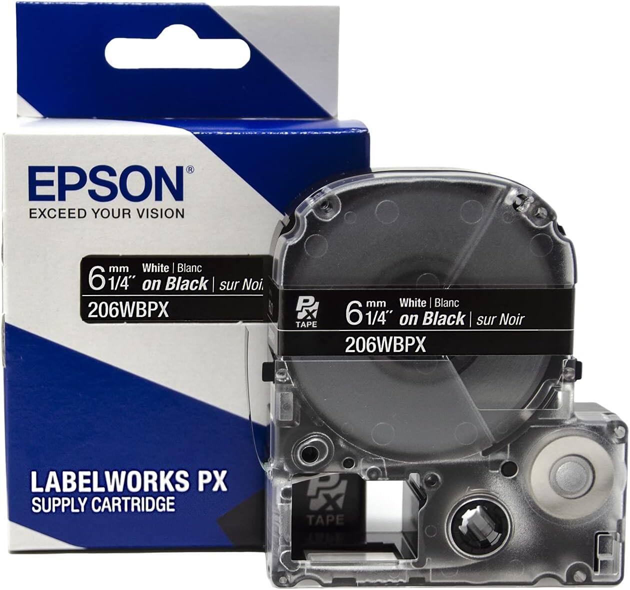 EPSON  
EXCEED YOUR VISION  

6 mm 6 1/4" White | Blanc on Black | sur Noir  
206WBPX  

LABELWORKS PX  
SUPPLY CARTRIDGE
