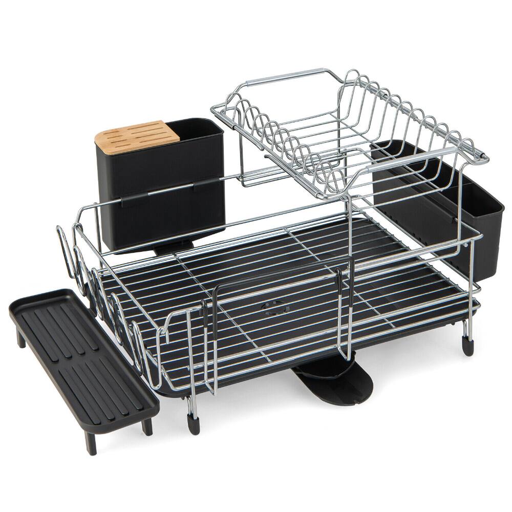Front. SlickBlue - Kitchen Dish Rack 2-Tier Design with Drainboard and 360° Swivel Spout - Silver, Black.