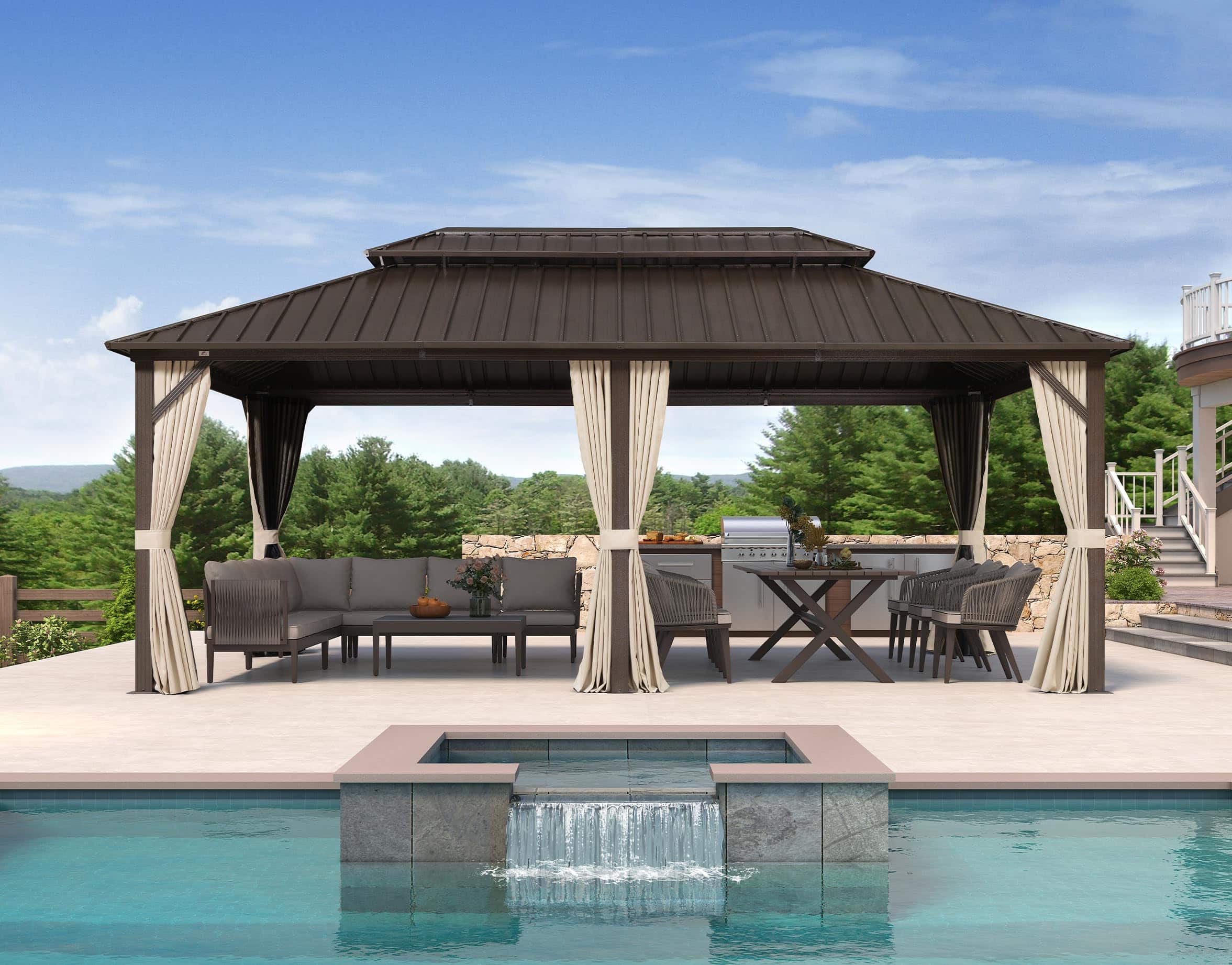 Front. PURPLE LEAF - 12' X 20' Outdoor Hardtop Gazebo Metal Frame Galvanized Steel Double Roof with Curtains and Nettings - 12' X 20'.