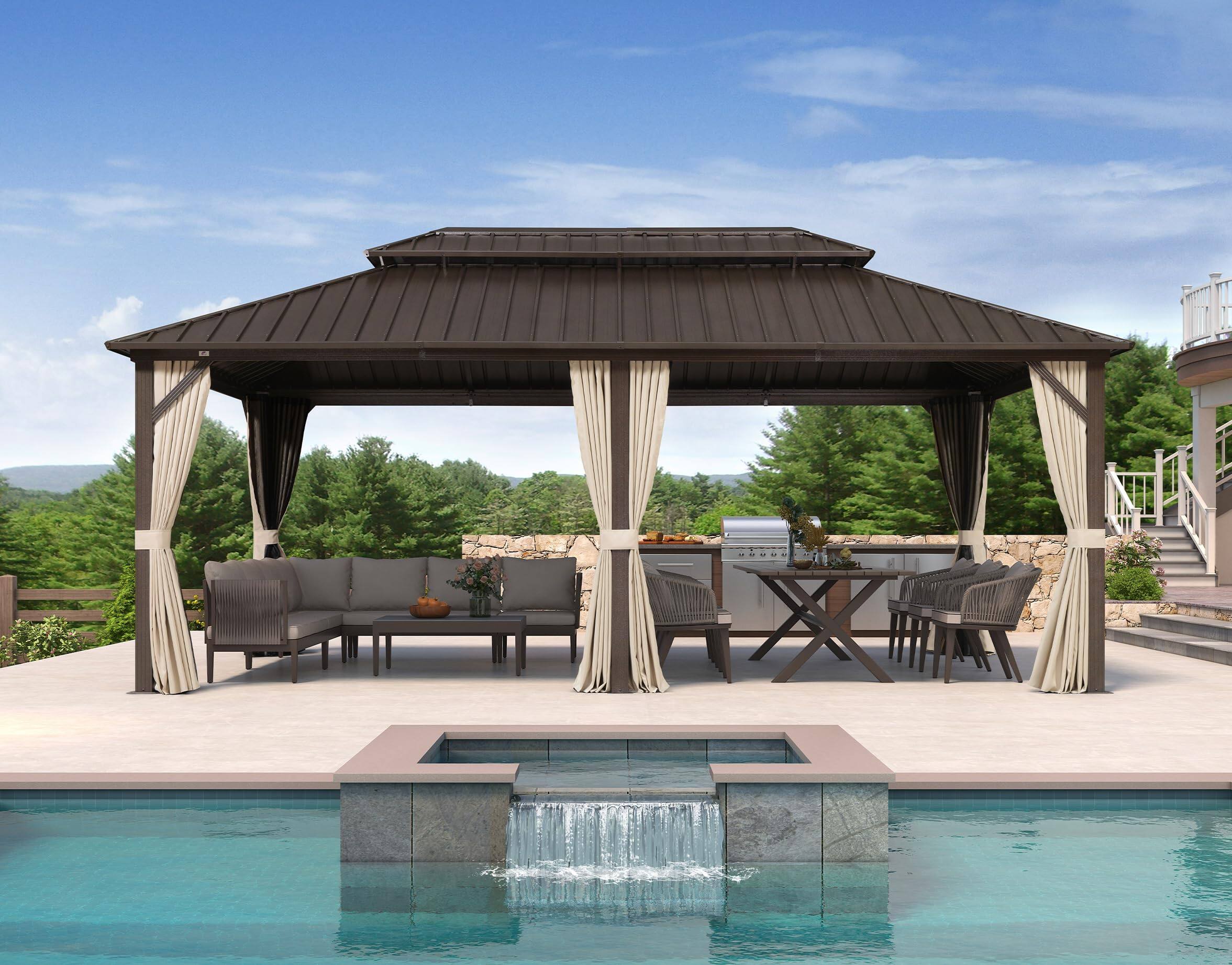 PURPLE LEAF - 12 X 20 FT Outdoor Hardtop Gazebo Metal Frame Galvanized Steel Double Roof with Curtains and Nettings - 12' X 20'