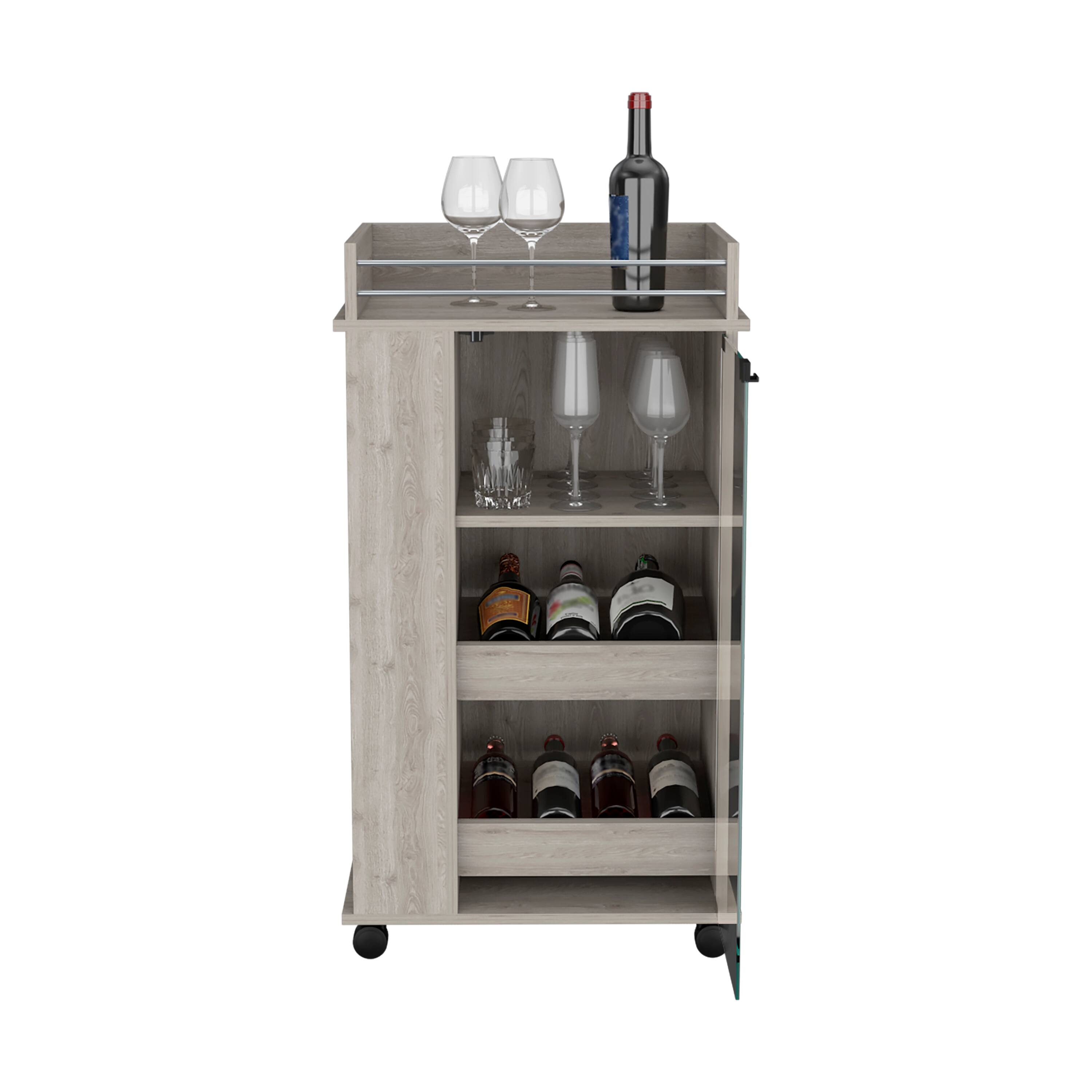 Alt View 1. TuHome - Baltimore Bar Cart with Casters, Glass Door, 2-Side Shelf, Living Room or Bar Room - Light Gray.
