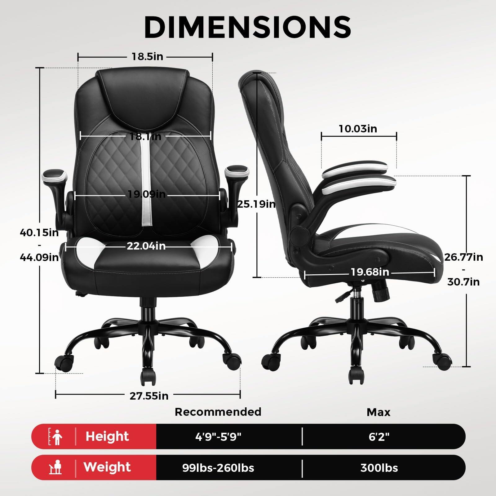 DIMENSIONS

- 18.5in
- 18.1in
- 10.03in
- 19.09in
- 25.19in
- 40.15in
- 44.09in
- 22.04in
- 19.68in
- 26.77in
- 30.7in
- 27.55in

Recommended Max Height: 4'9"-5'9" 6'2"

Weight: 99lbs-260lbs 300lbs