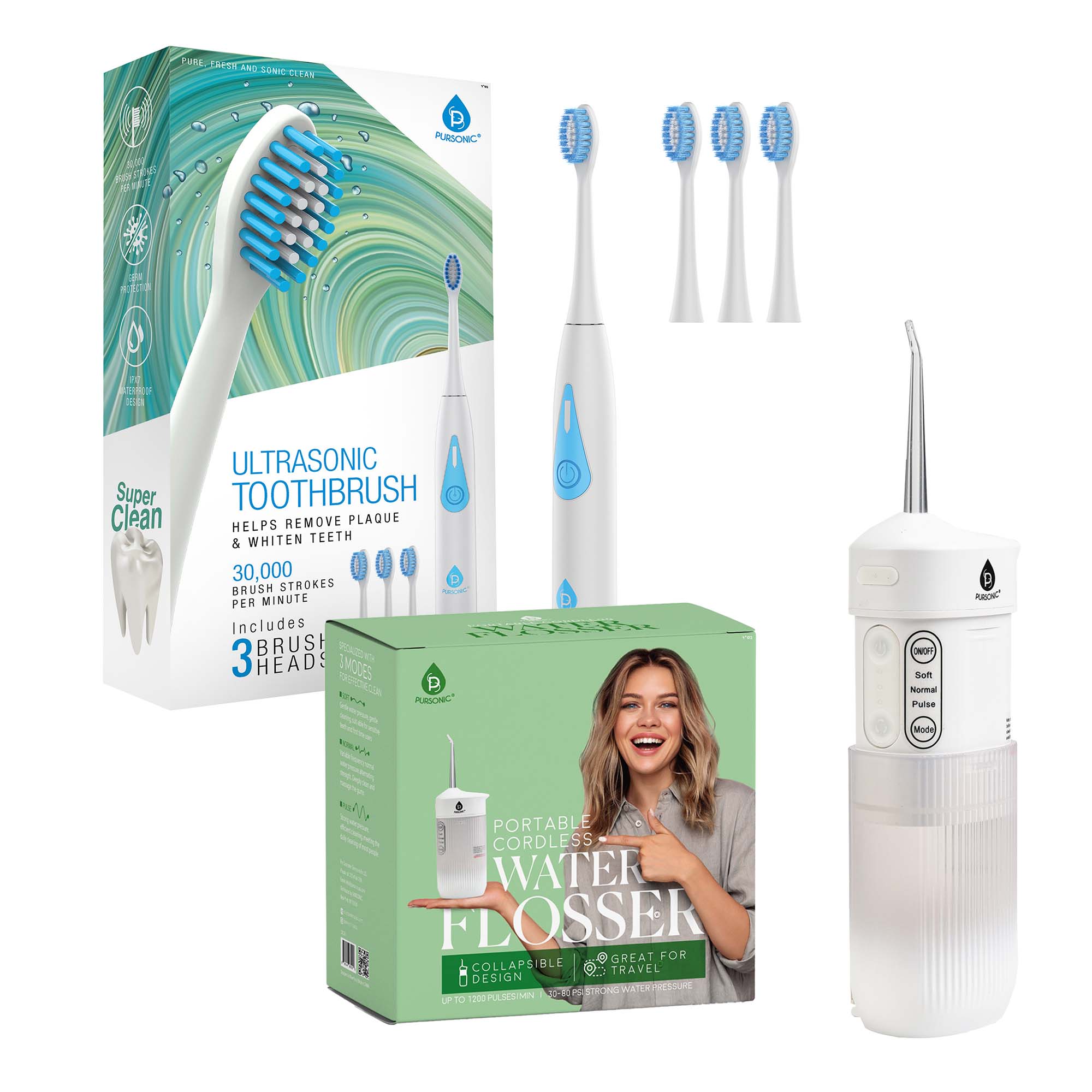 Pursonic - Ultimate Smile Care Duo: Triple-Head Tooth Wizard & Travel-Ready Water Flosser - White