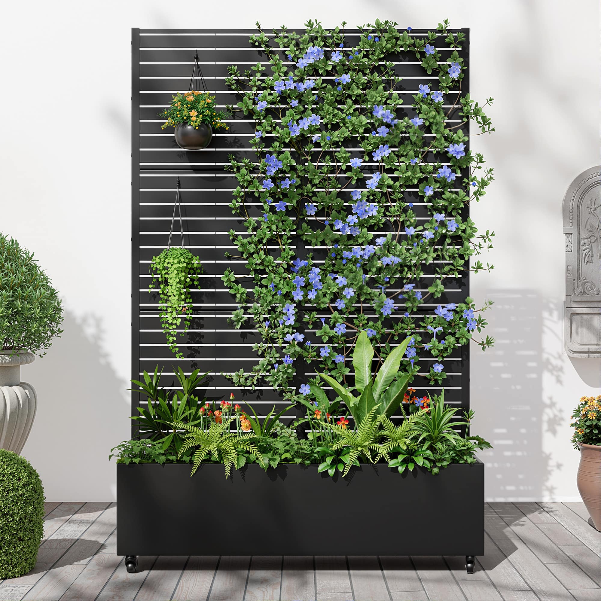 PexFix - 72 in. H x 47 in. W Louvered Pattern Rectangle Metal Planter Box Raised Garden Beds with Trellis-Ideal for Balcony - Black