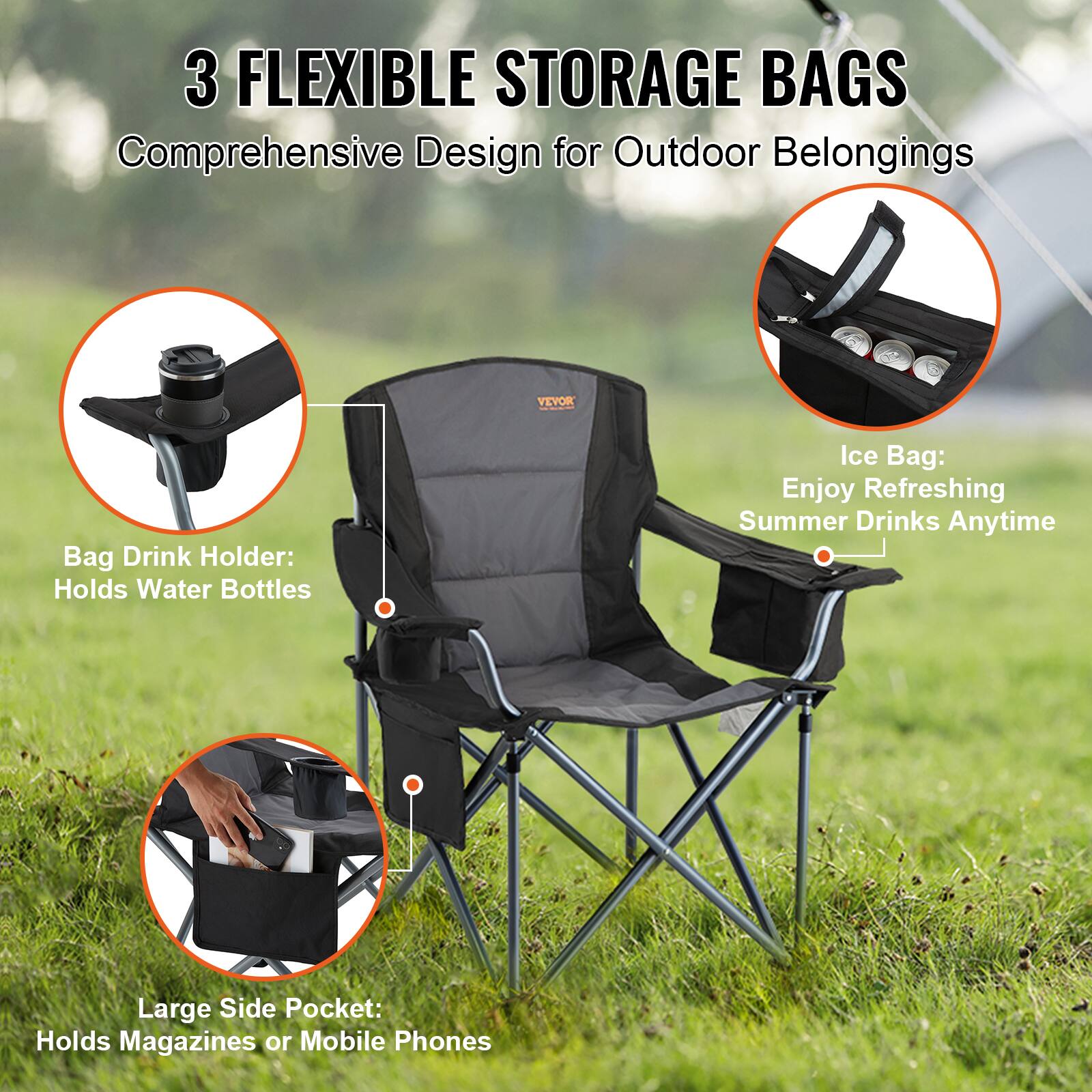 3 FLEXIBLE STORAGE BAGS
Comprehensive Design for Outdoor Belongings
Bag Drink Holder: Holds Water Bottles
Ice Bag: Enjoy Refreshing Summer Drinks Anytime
Large Side Pocket: Holds Magazines or Mobile Phones