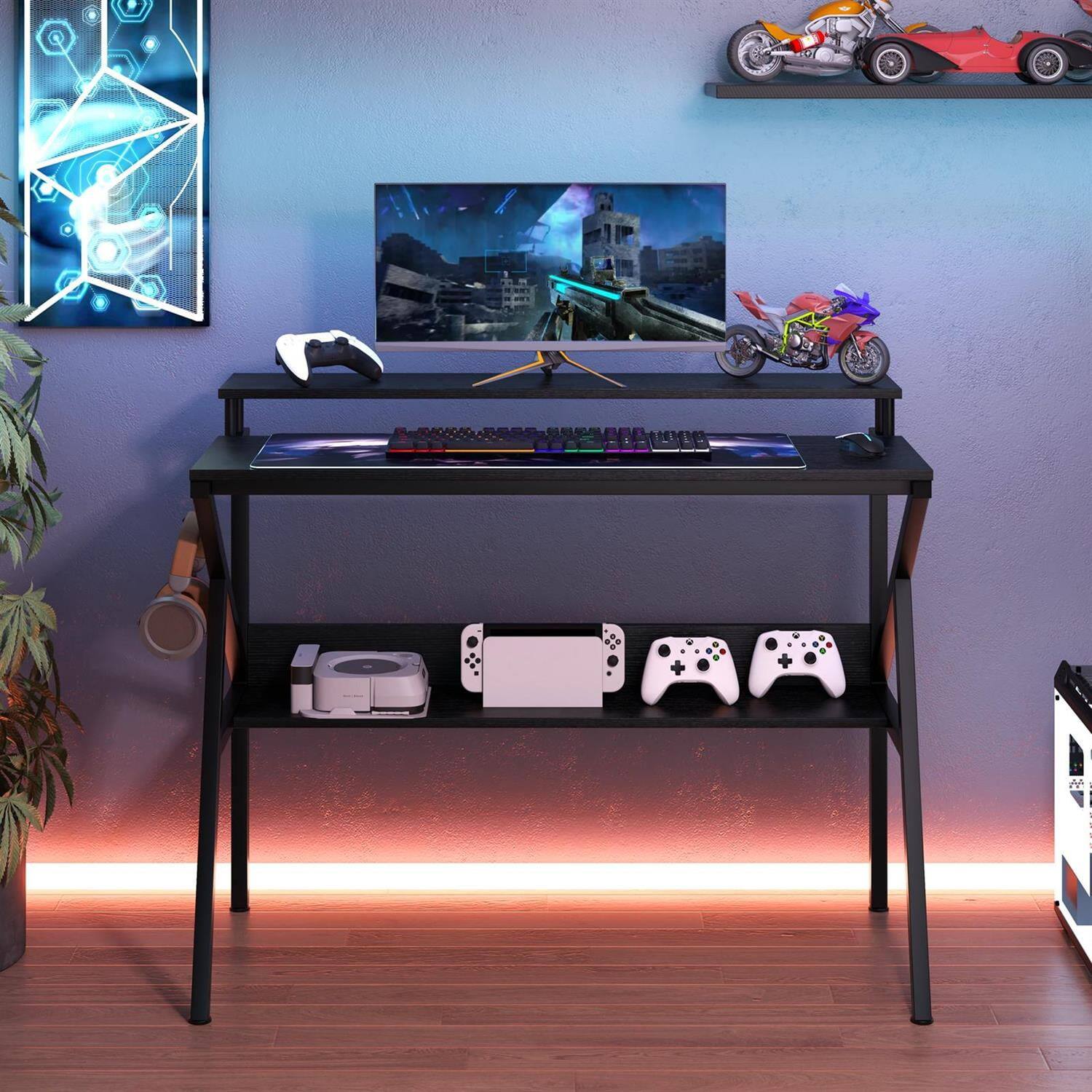 Left. Pefilos - Space-Saving Computer Desk - Anti-Falling Backboard Removable Hook, Monitor Stand Extra Storage Shelf, Work Study, Black - Black.