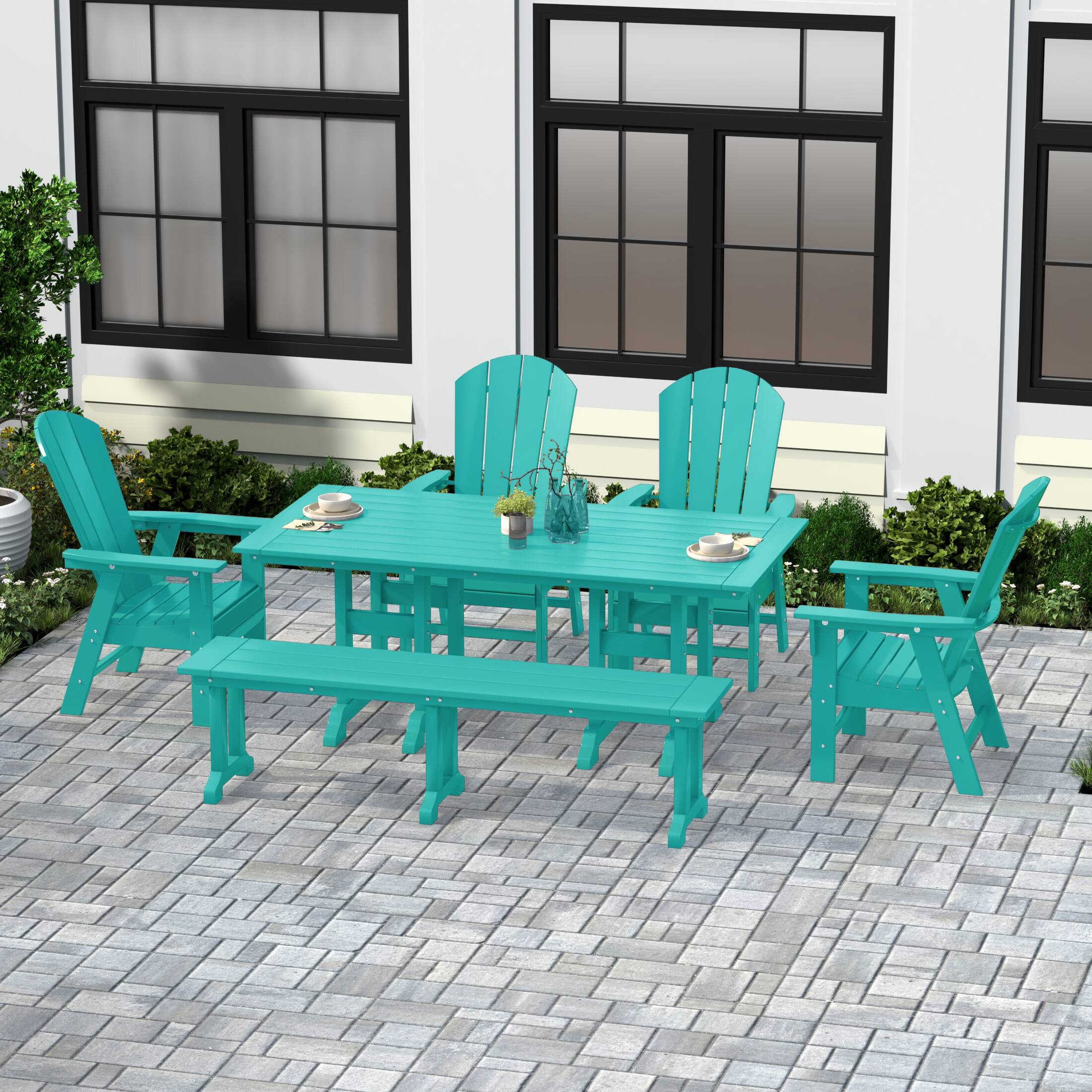 Angle. WestinTrends - WestinTrends Malibu 6 Piece Outdoor Patio Dining Table and Armchair Dining Bench Set - Turquoise.