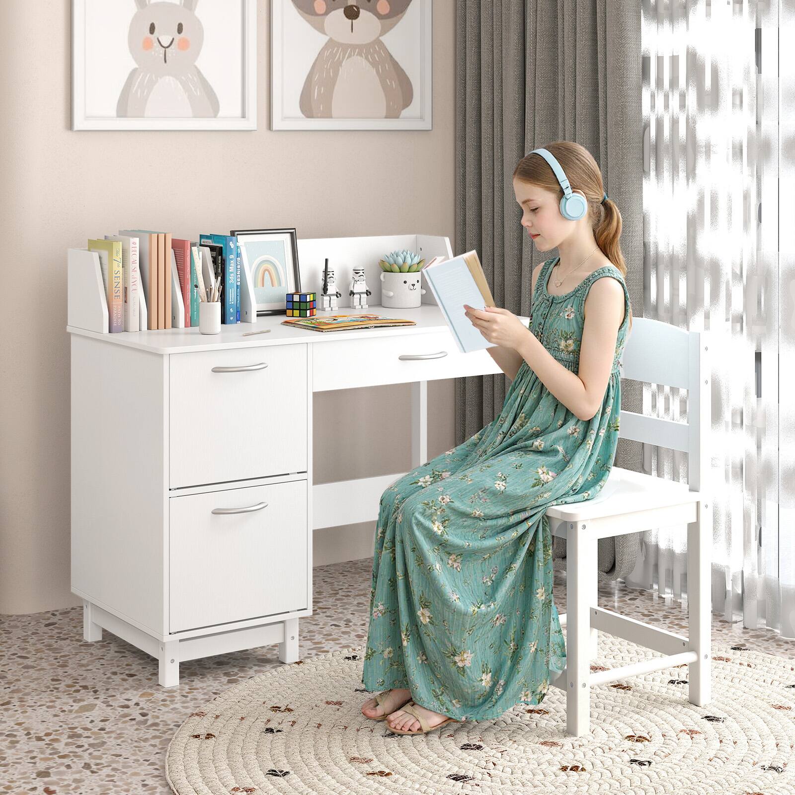 Alt View 3. Gymax - Gymax Kids Study Desk & Chair Set w/Chair 2 Storage Cabinets Drawer 4 Book Sorters - White.