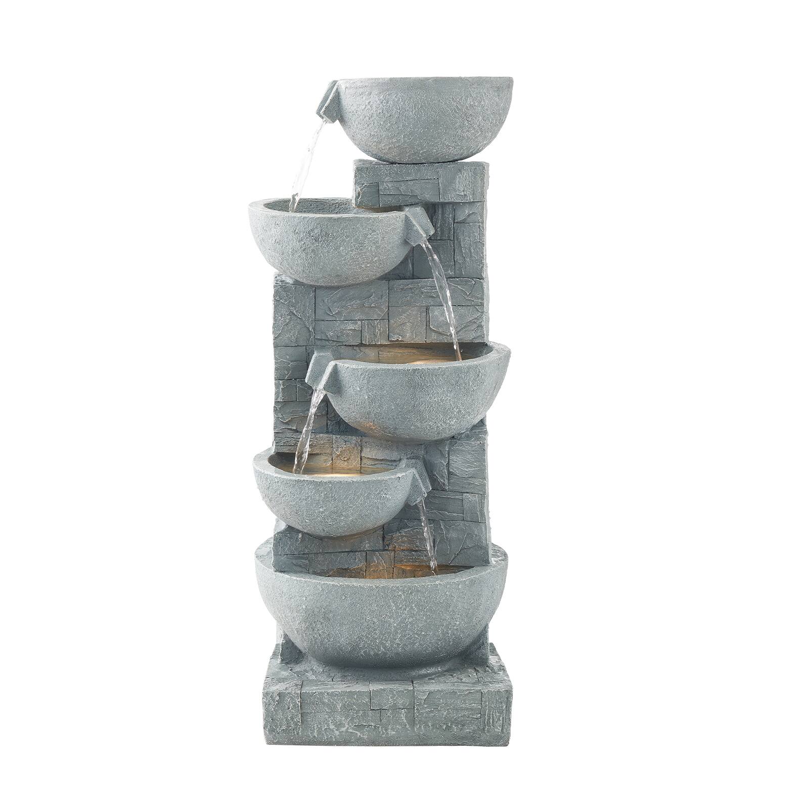 Alt View 5. VEVOR - 31.5-Inch Outdoor Water Fountain with LED Light, 5-Tier Cascading Bowl Design, Floor-Standing Waterfall Feature - Gray.