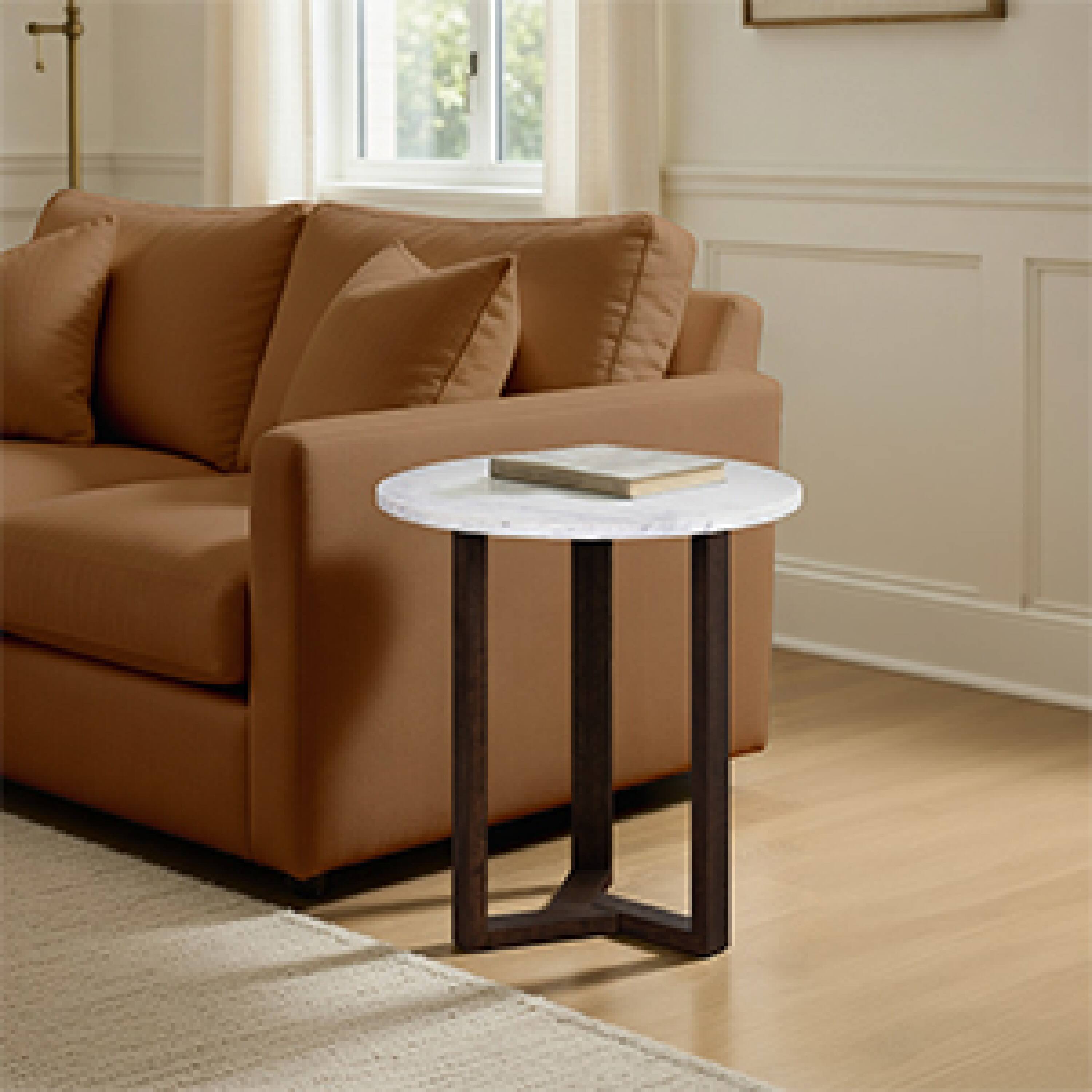 Alt View 10. Manhattan Lane - Fina 20 Inch Round Side End Table, White Genuine Marble Top, Natural Brown Mango Wood 3 Leg Sled Base - White, Natural Brown.