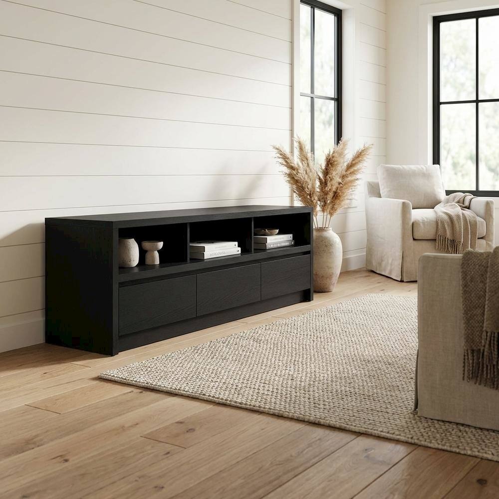 Alt View 2. FurniFact - Black 59-Inch TV Stand with 3 Drawers and Contemporary Style - Black.