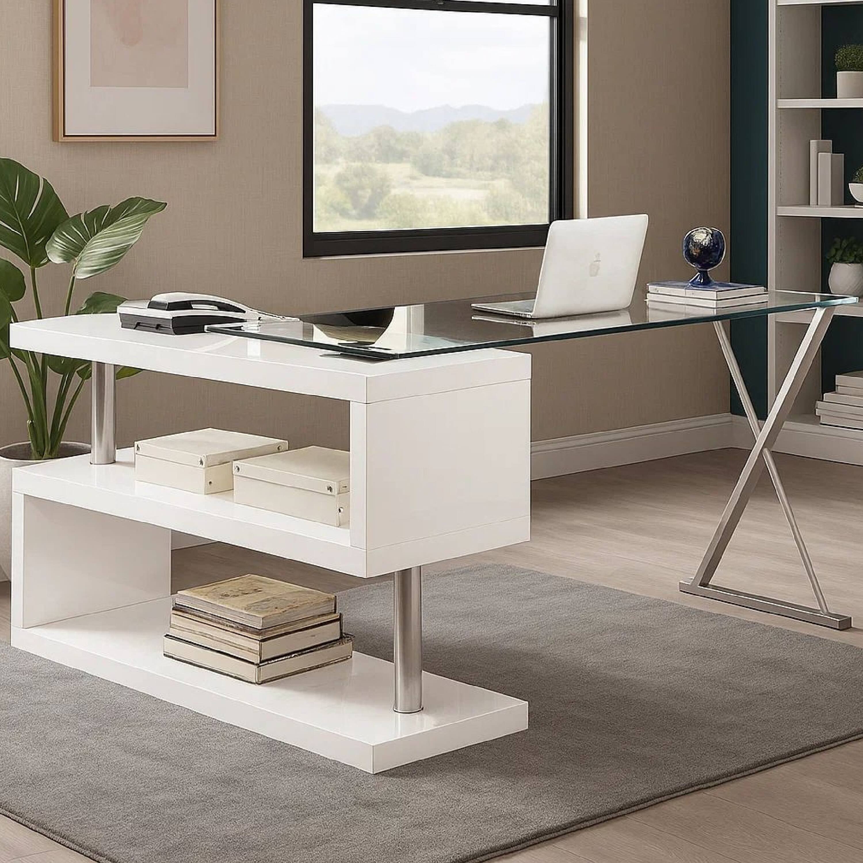 Alt View 2. Manhattan Lane - Movable Glass Top Desk with X Shaped Side Panel, White and Clear - White and Clear.