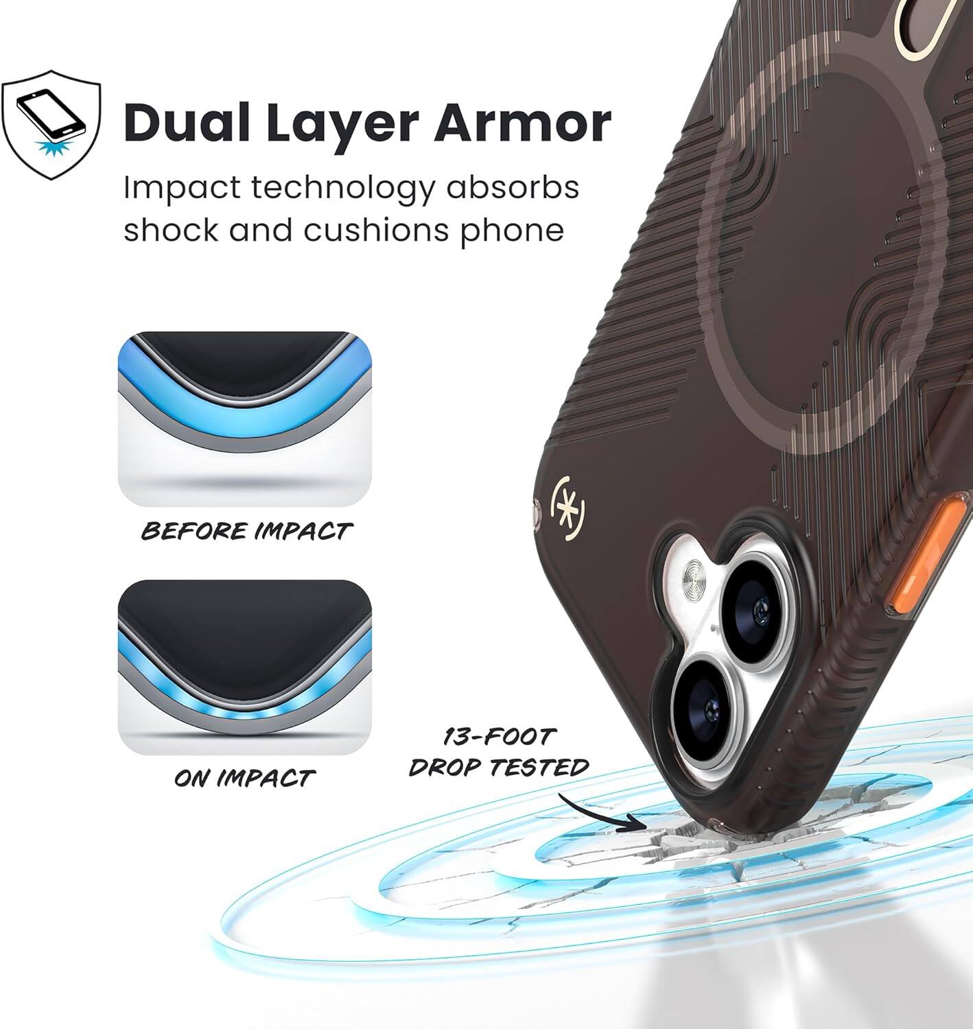 Dual Layer Armor  
Impact technology absorbs shock and cushions phone  

BEFORE IMPACT  
ON IMPACT  

13-FOOT DROP TESTED