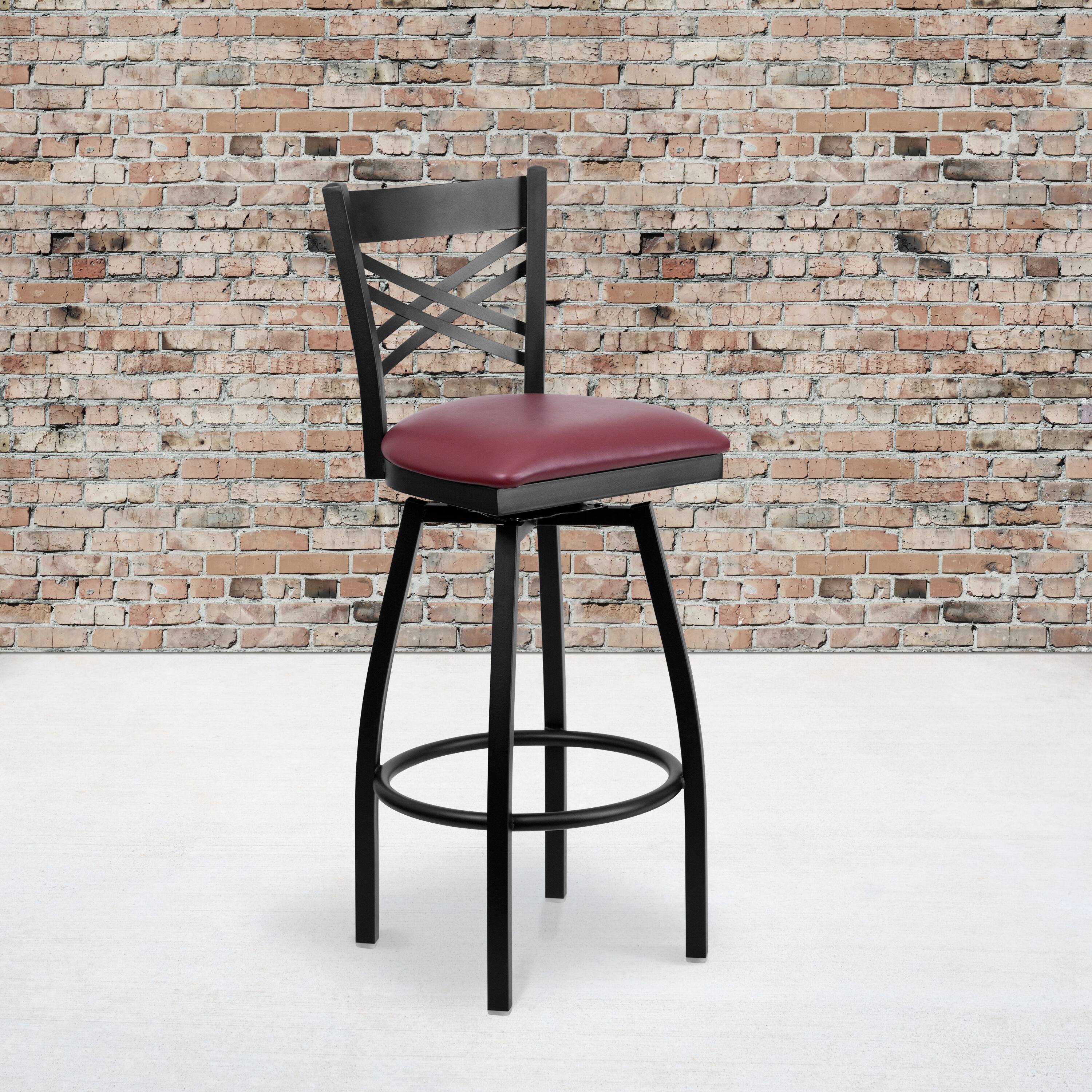 Alt View 2. Emma + Oliver - 2 Pack "X" Back Swivel Metal Barstool - Burgundy Vinyl Seat/Black Metal Frame.