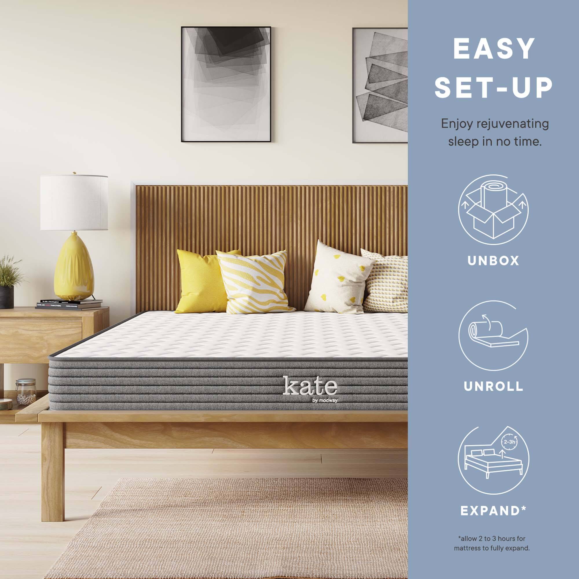 EASY SET-UP  
Enjoy rejuvenating sleep in no time.  

UNBOX  
UNROLL  
EXPAND*  
*allow 2 to 3 hours for mattress to fully expand.  

kate by modway