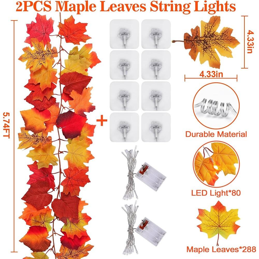 2PCS Maple Leaves String Lights  
5.74FT  
4.33in x 4.33in  
Durable Material  
LED Light*80  
Maple Leaves*288