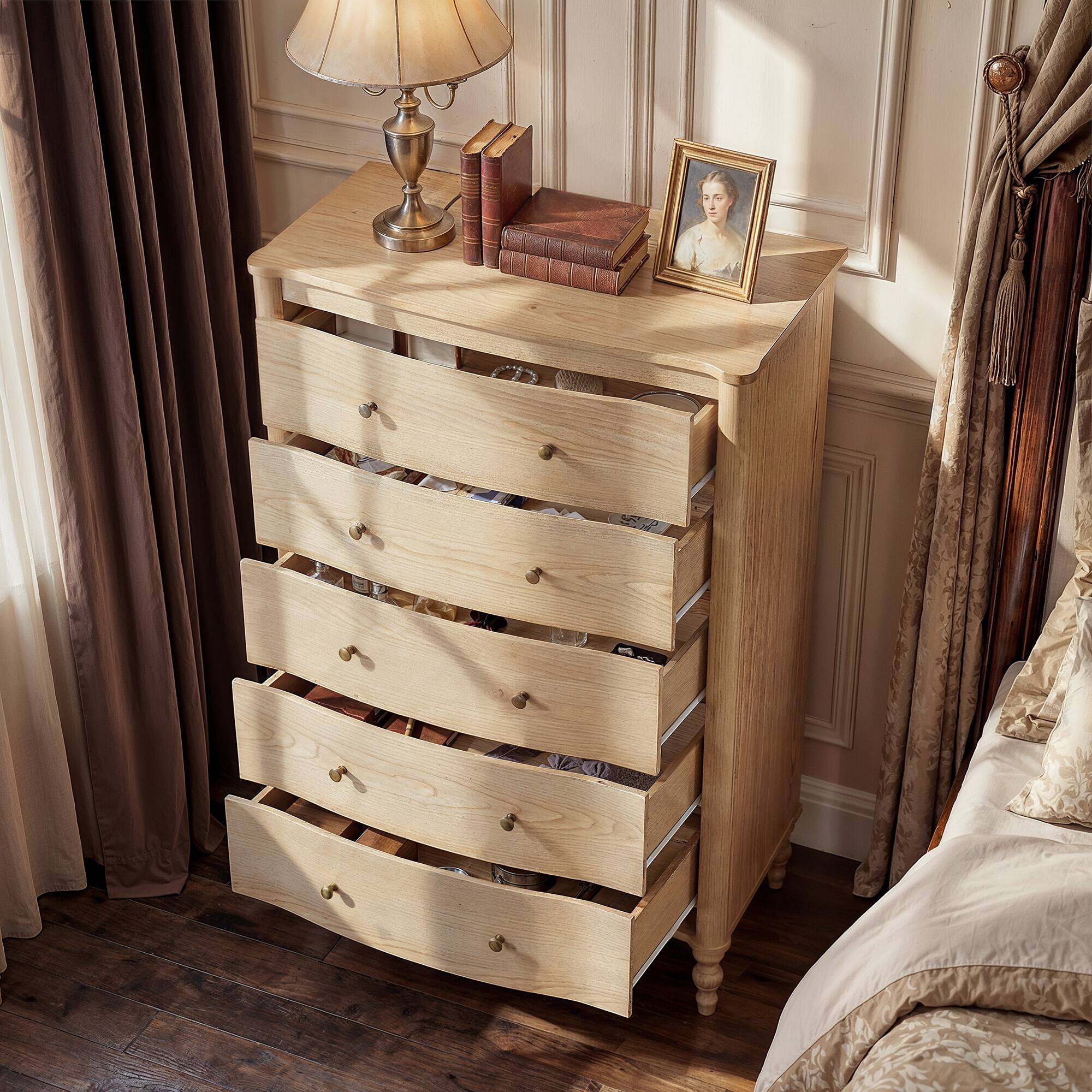 Left. FUFU & GAGA - Curved 5-Drawer Dresser - Light Wood Grain Storage Chest with Vintage Knobs for Bedroom, Nursery, Entryway, Living Room - Wooden.
