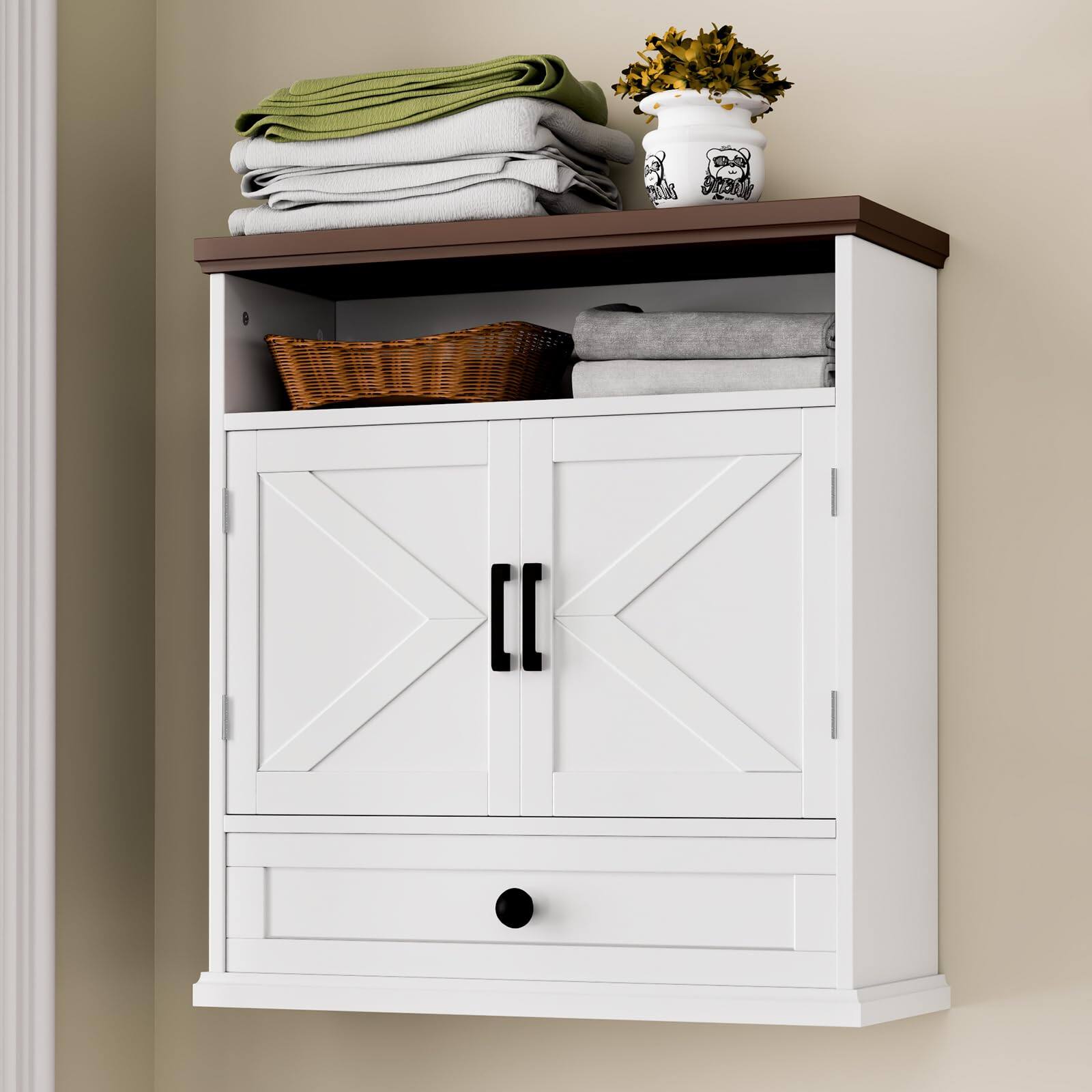 Front. Hirose Alice - Wall Cabinet Mounted With Drawer Barn Doors And Shelf h X w d Over Toilet Storage For Laundry Room farmhouse - White-23.6W''*11.8D''*39.4H''.