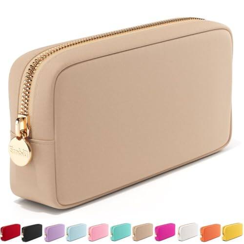 Front. ESBANY - Makeup Bag Travel Cosmetics Pouch and Toiletry Bag, Nylon Zipper Pouch Purse, Cute Make Up Organizer Storage Tote for - Sand.