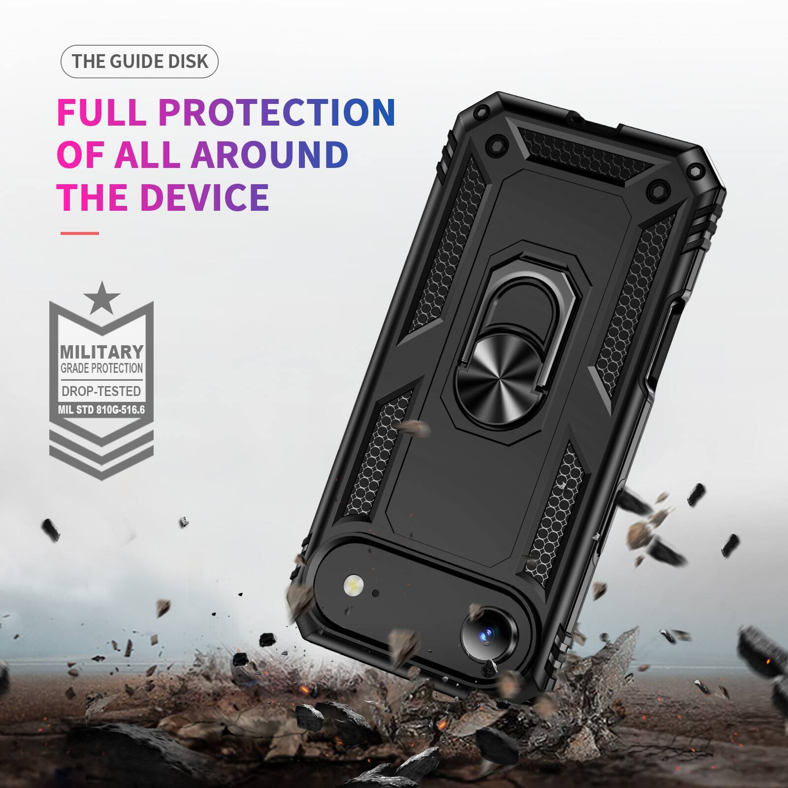 THE GUIDE DISK  
FULL PROTECTION OF ALL AROUND THE DEVICE  

MILITARY GRADE PROTECTION  
DROP-TESTED  
MIL STD 810G-516.6