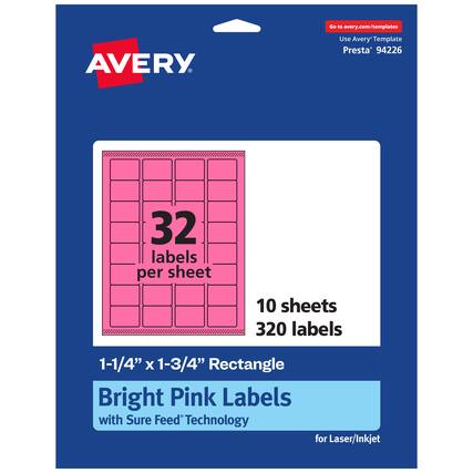 Go to avery.com/templates
AVERY
Use Avery Template Presta® 94226
32 labels per sheet
10 sheets
320 labels
1-1/4" x 1-3/4" Rectangle
Bright Pink Labels with Sure Feed Technology for Laser/Inkjet