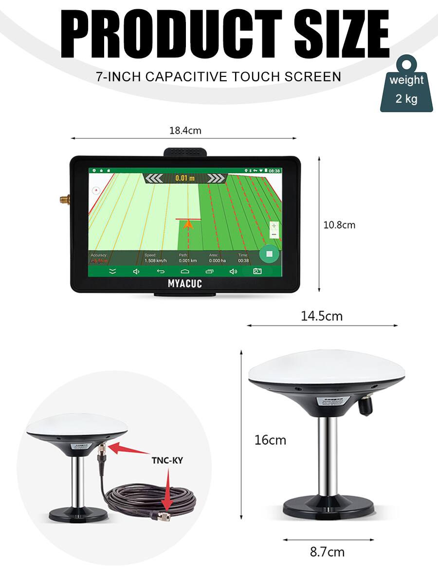 PRODUCT SIZE  
7-INCH CAPACITIVE TOUCH SCREEN  

Weight: 2 kg  

- Screen: 18.4 cm (width) x 10.8 cm (height)  
- Base: 14.5 cm (diameter)  
- Stand: 16 cm (height) x 8.7 cm (base diameter)  

Accuracy: 0.01 m  
Speed: 1.508 km/h  
Path: 0.001 km  
Area: 0.000 ha  
Time: 00:38  

Model: MYACUC  
TNC-KY