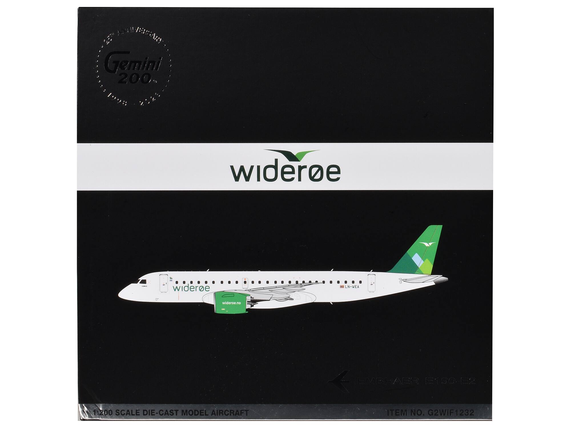 1. Py 6 Gemini 200.  
19s : wideroe wideroe LN-VEA wideroe.no EMBRAER E190-E2  
1:200 SCALE DIE-CAST MODEL AIRCRAFT  
ITEM NO. G2WIF1232