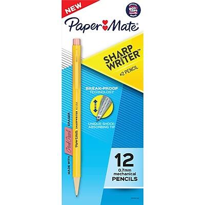 NEW  
Paper Mate  
SHARP WRITER #2 PENCIL  
BREAK-PROOF TECHNOLOGY  
ERASER  
MADE IN USA  
UNIQUE SHOCK ABSORBING TIP  
12 0.7mm mechanical PENCILS