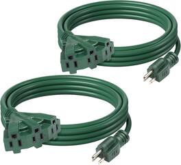 BN-LINK - 2-Pack 10ft Outdoor Extension Cord w/ 3 Outlets, 16/3 SJTW, Grounded Plug, ETL Listed - Green