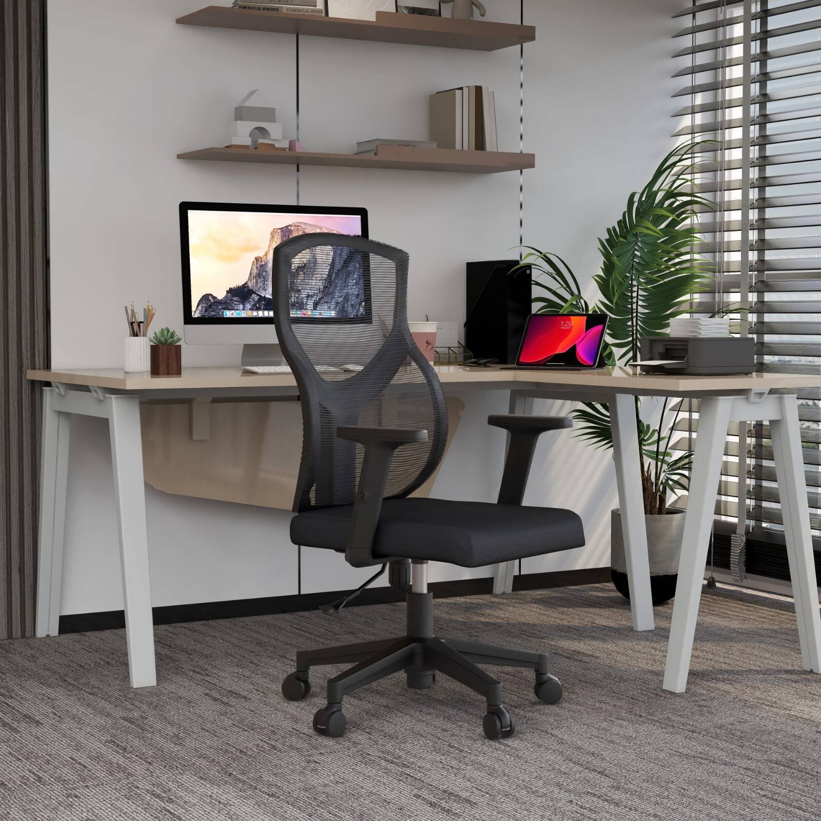 Left. LeisureMod - Glen Office Chair Upholstered Cotton Mid-Back Mesh Computer Chair with Adjustable Height, Swivel and Tilt - Grey.