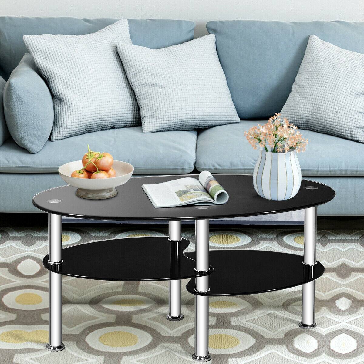 Alt View 1. Costway - Costway Tempered Glass Oval Side Coffee Table Shelf Chrome Base Living Room Black - Black.