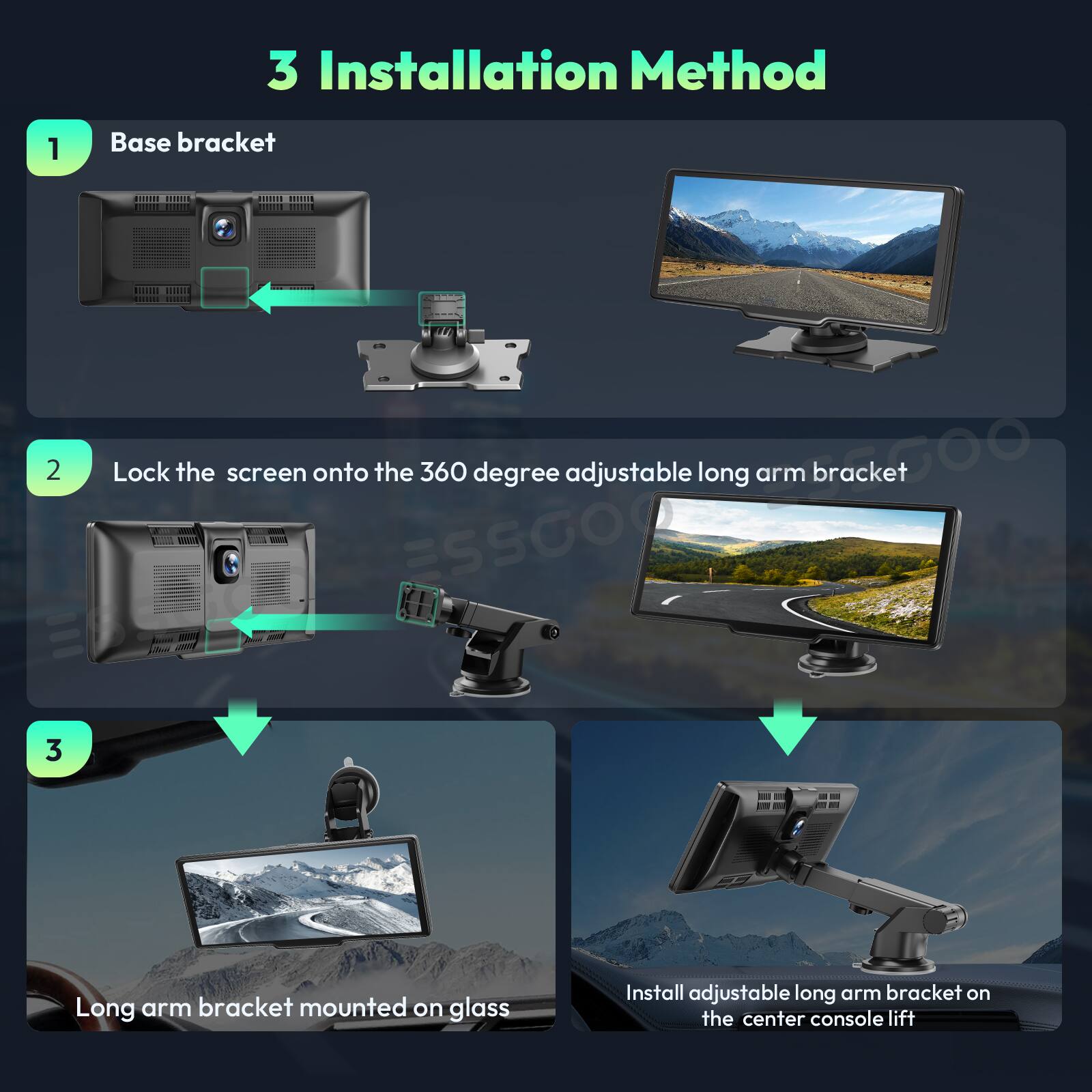 3 Installation Method

1. Base bracket

2. Lock the screen onto the 360 degree adjustable long arm bracket

3. Long arm bracket mounted on glass

   - Install adjustable long arm bracket on the center console lift
