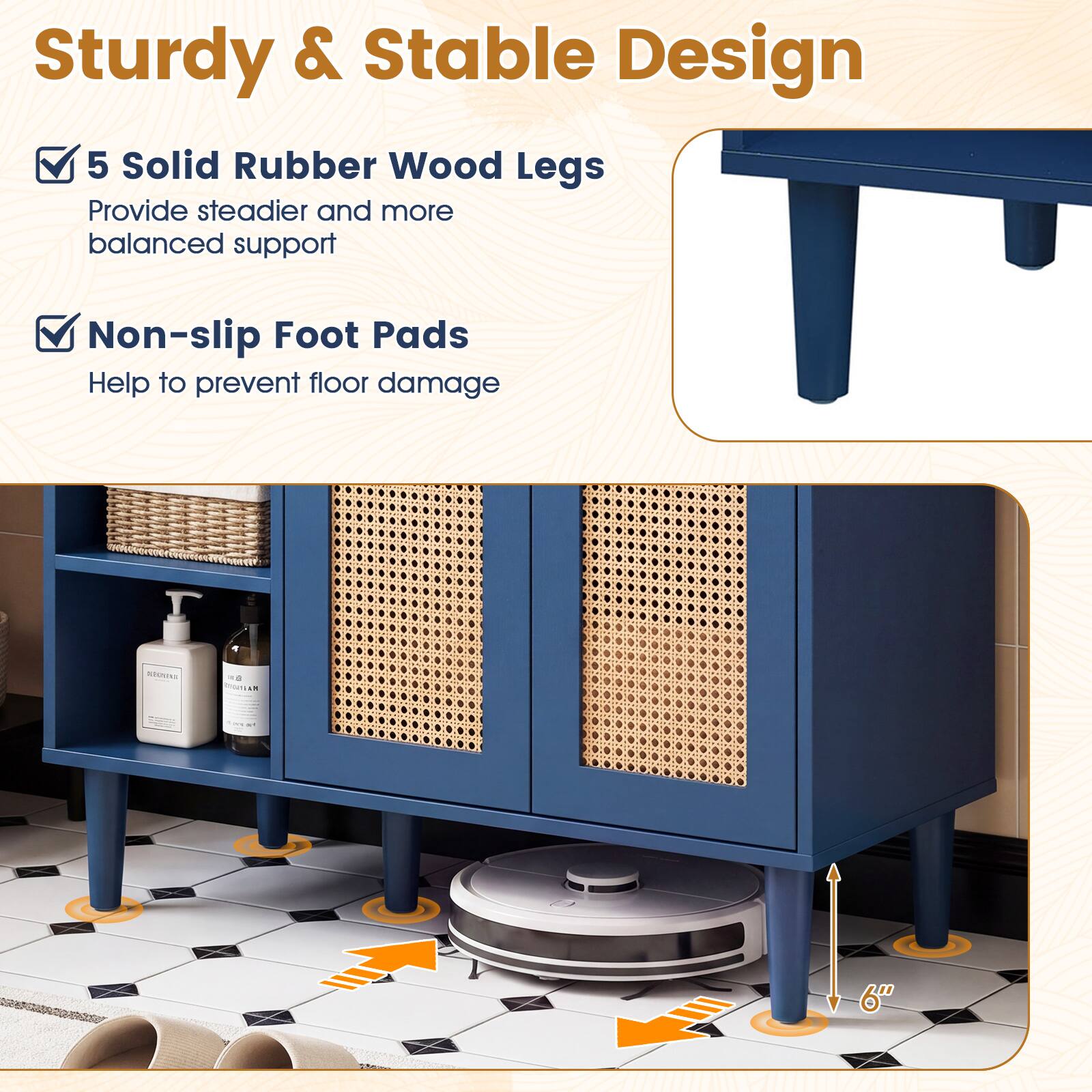 Sturdy & Stable Design

- 5 Solid Rubber Wood Legs
  Provide steadier and more balanced support

- Non-slip Foot Pads
  Help to prevent floor damage

NINISS

6"