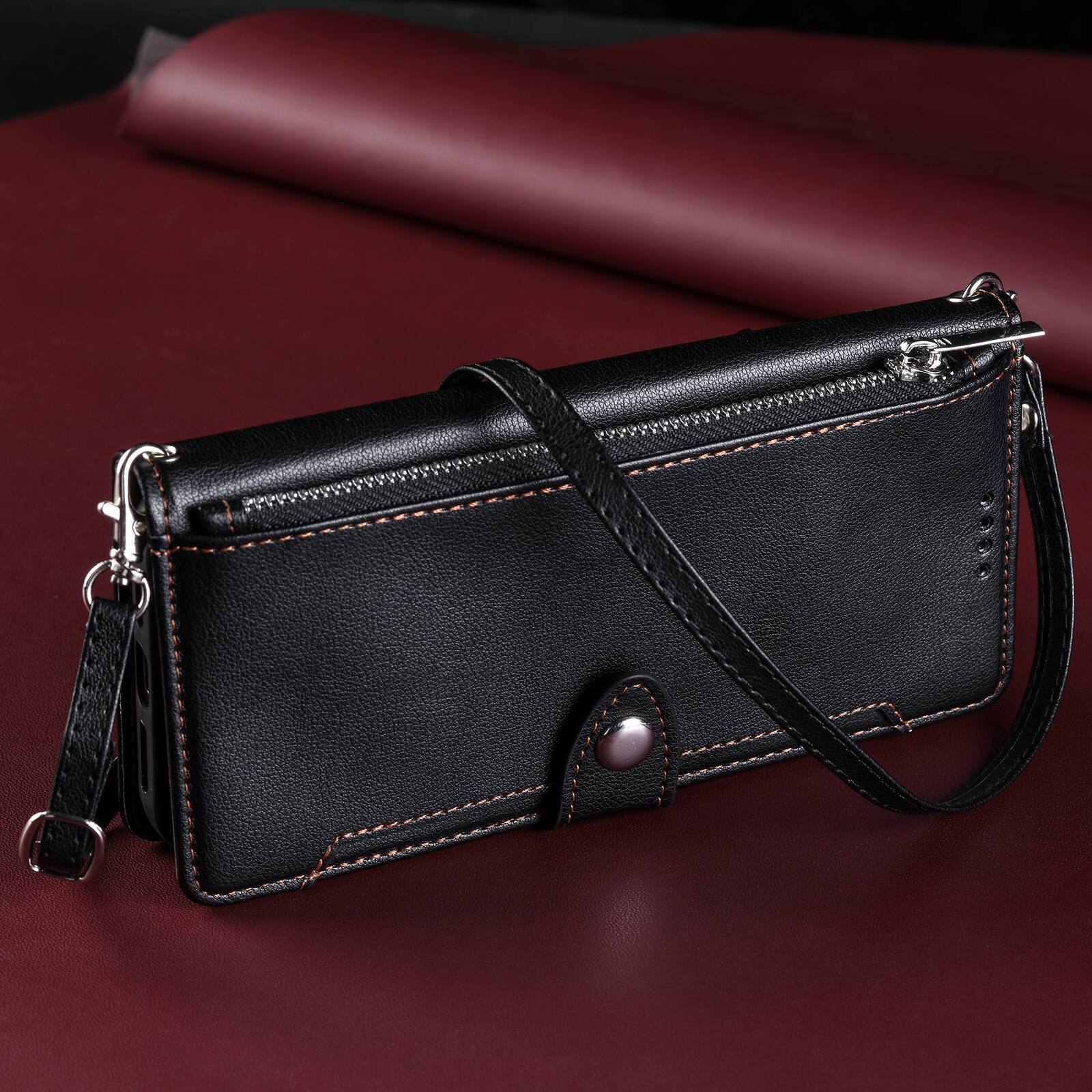 Left. Dteck - Wallet Case for Samsung Galaxy A36 5G Crossbody Premium Leather Flip Kickstand Zipper Card Slot Cover With Strap+Lanyard - Black.