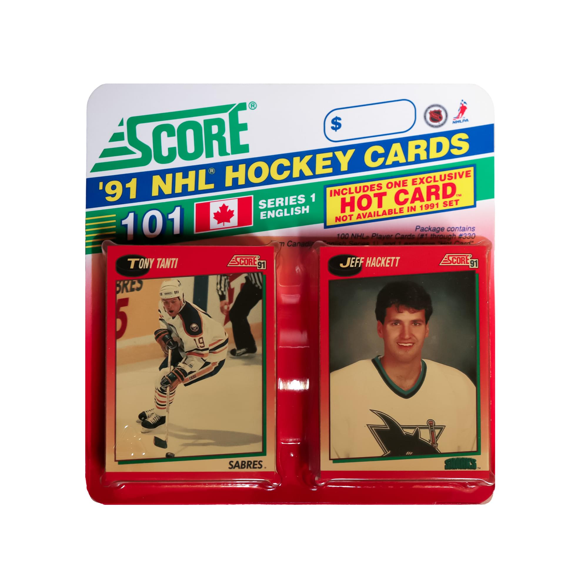 $ SCORE HOCKEY CARDS NHL '91 INCLUDES ONE EXCLUSIVE HOT CARD. SERIES 1 ENGLISH NOT AVAILABLE 101 100 NHL Player Cards Package contains #320 TONY TANTI BRES 5 SABRES JEFF HACKETT