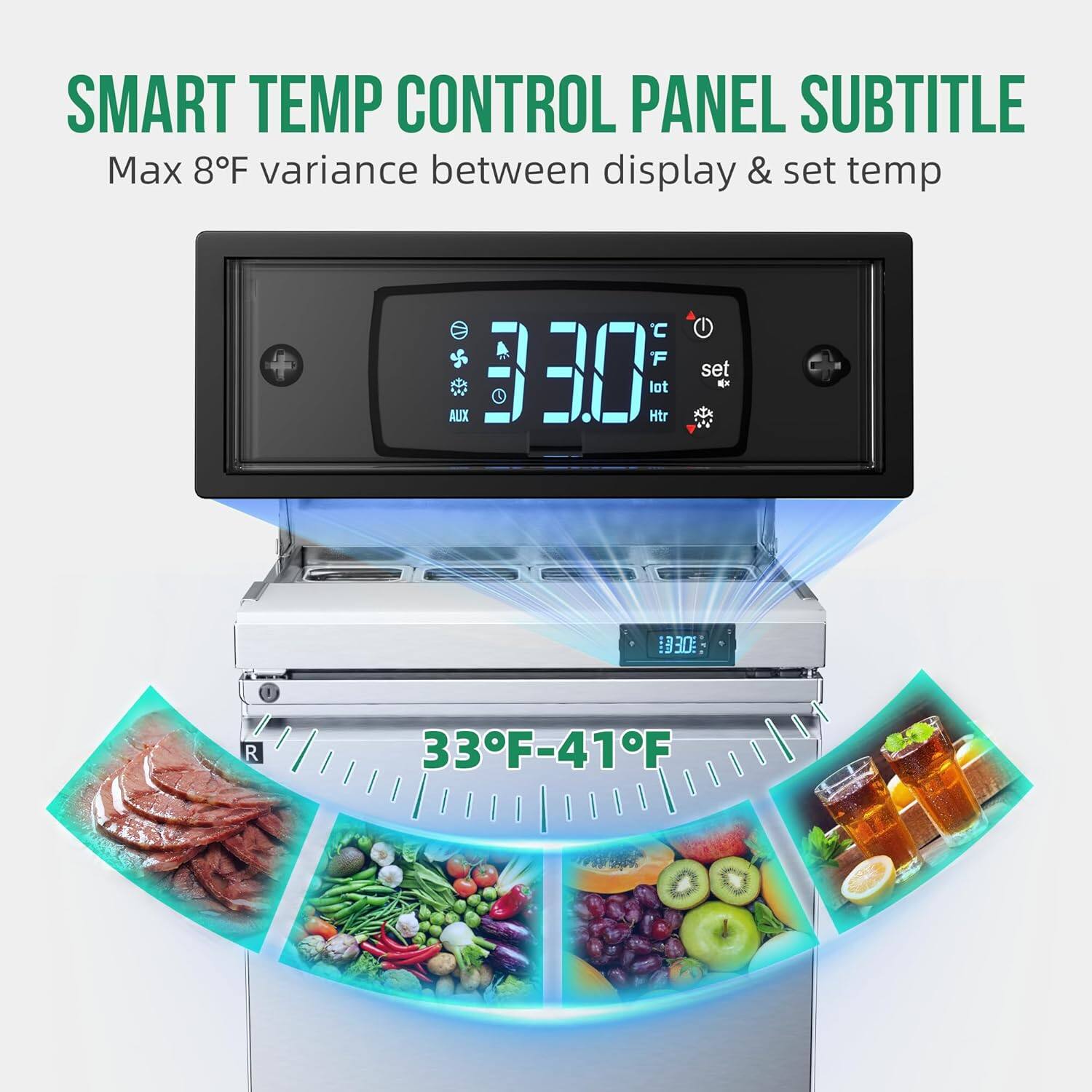 SMART TEMP CONTROL PANEL SUBTITLE  
Max 8°F variance between display & set temp  

AUX B I 30 lot Htr set EX XA 1 330 R 33°F-41°F