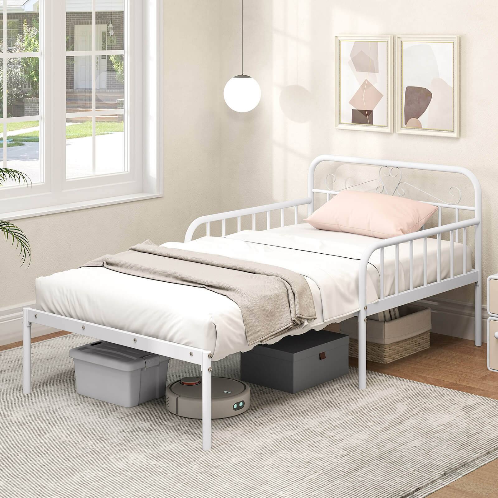 Back. Costway - Metal Daybed Extendable Daybed to Twin Size Bed Heavy Duty Slats Support Sofa Bed - White.