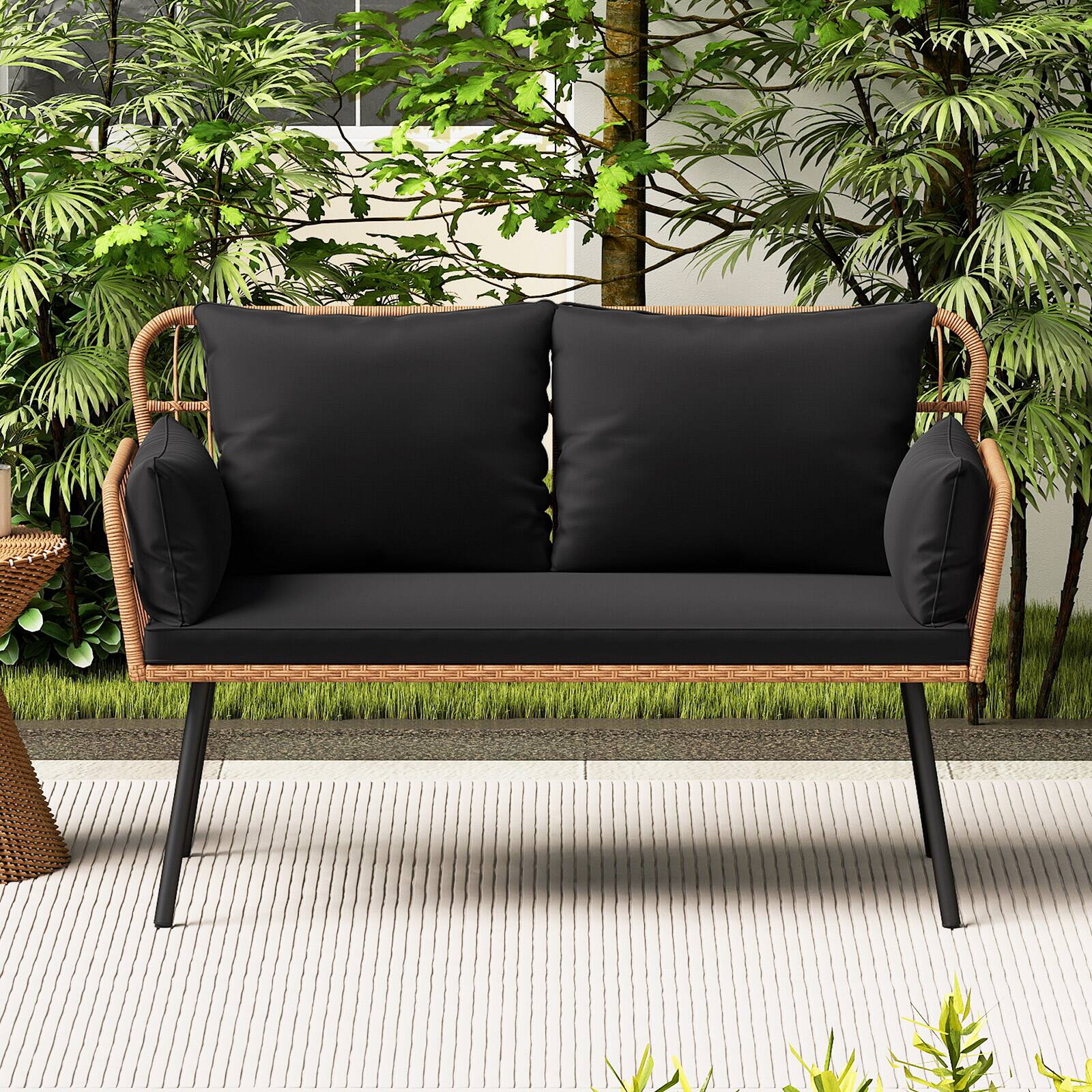 Alt View 4. Gymax - Gymax Patio Wicker Loveseat Furniture w/Seat Back Cushions Heavy-Duty Metal Legs Outdoor Black - Black.