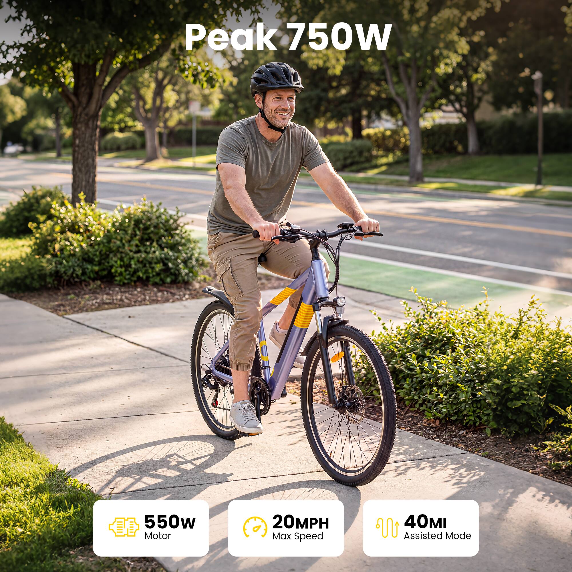 Peak 750W  
550W Motor  
20MPH Max Speed  
40MI Assisted Mode