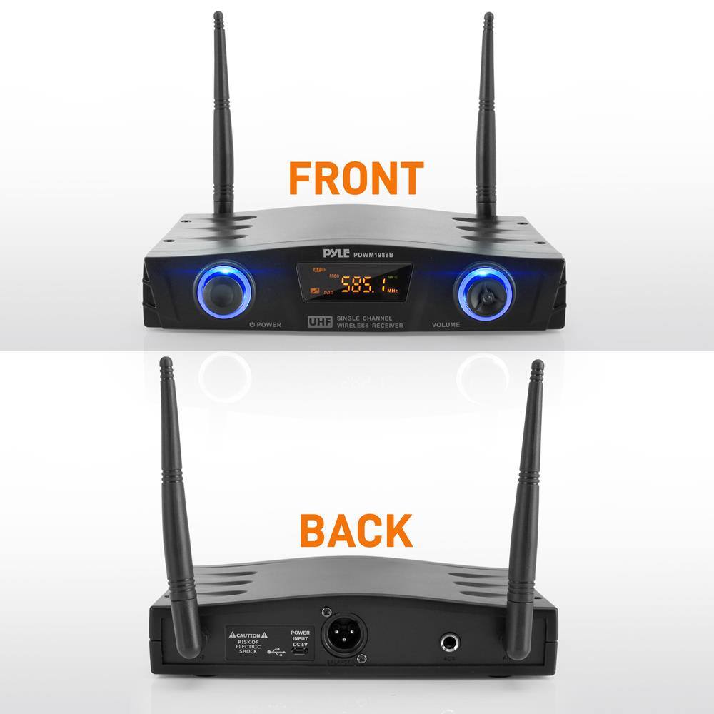 FRONT PYLE POWM19888 E FE S 585 :- - d POWER SINGLE CHANNEL UHF WIRELESS RECEIVER VOLUME BACK & CAUTION a BISEO - ELECTRIC Smca POWER Ir - i