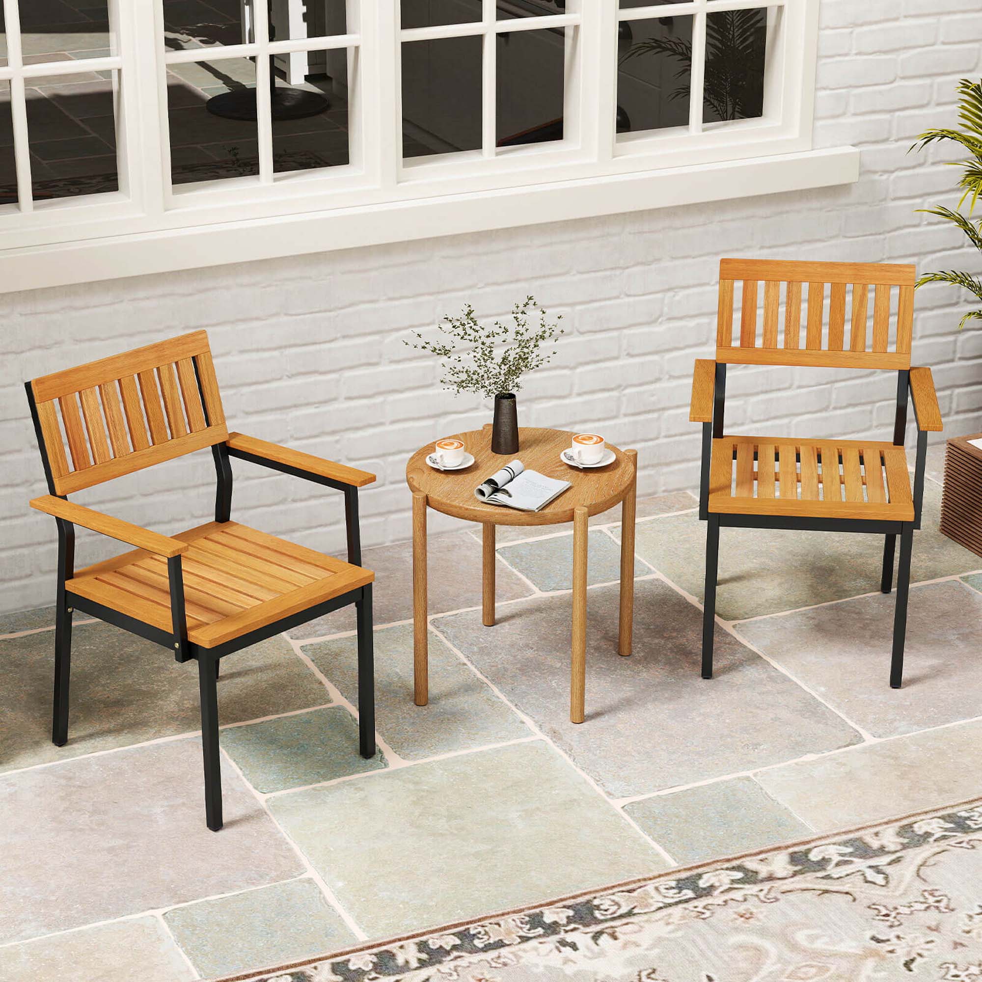 Angle. Costway - Dining Chair Set of 2 with Acacia Wood Backrest Slanted Seat Comfortable Armrests - Natural + Black.